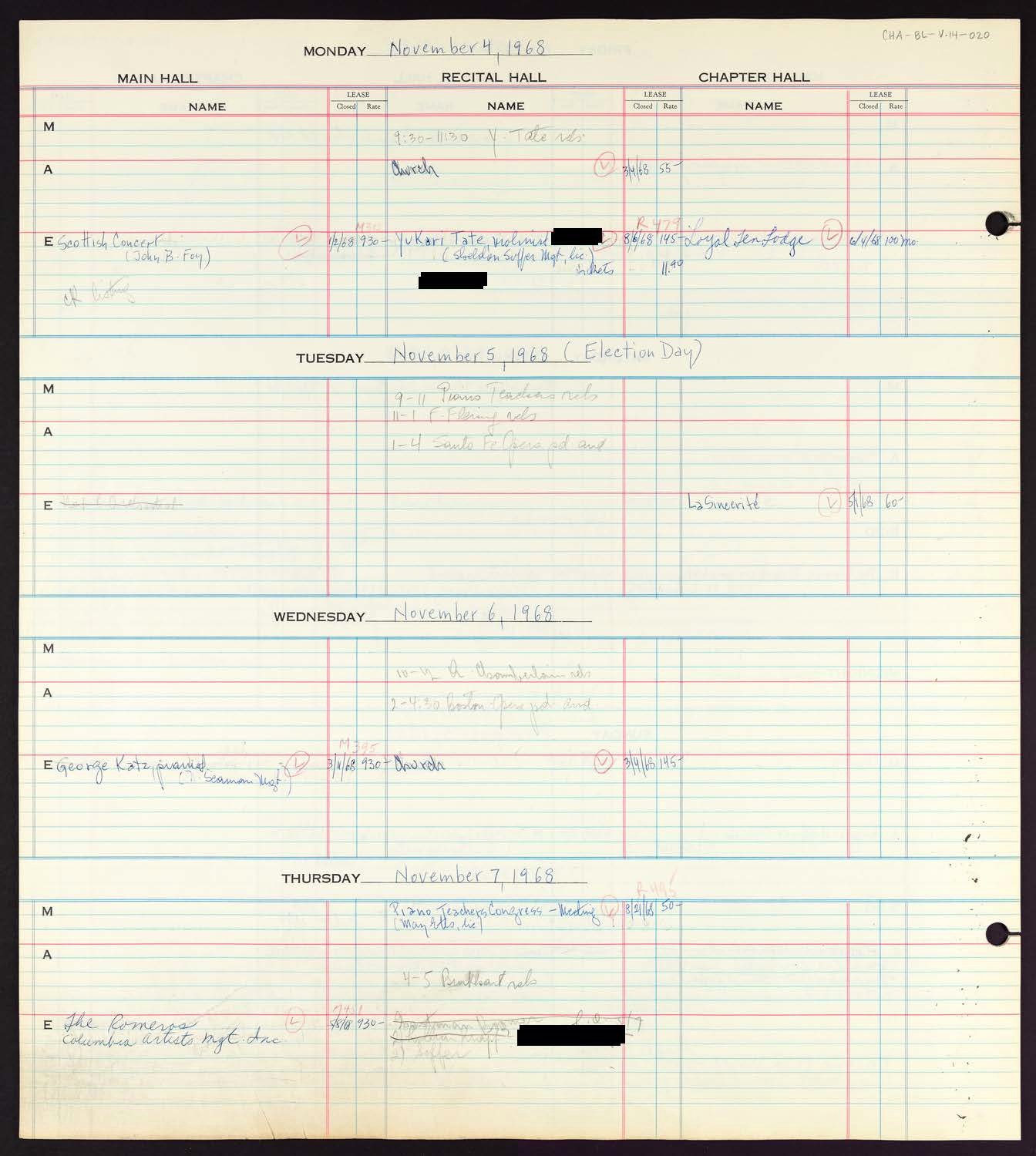 Carnegie Hall Booking Ledger, volume 14, page 20