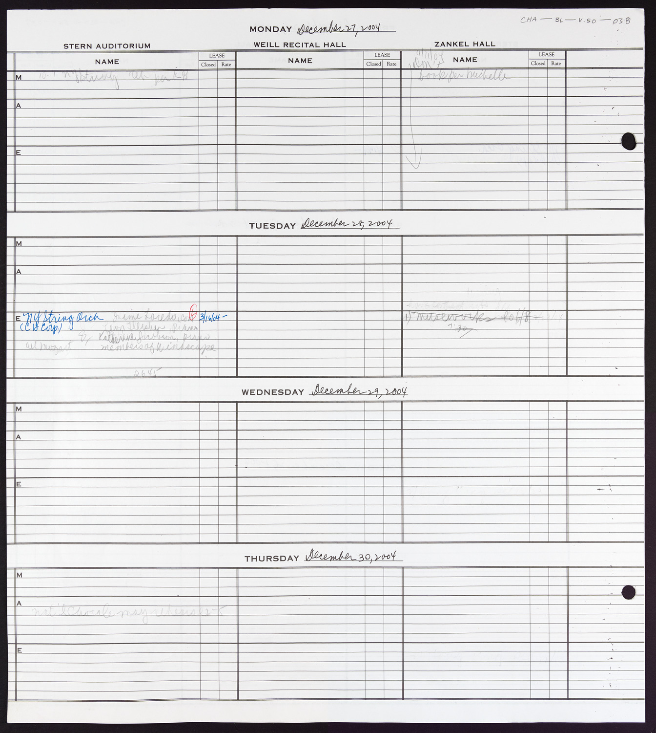 Carnegie Hall Booking Ledger, volume 50, page 38