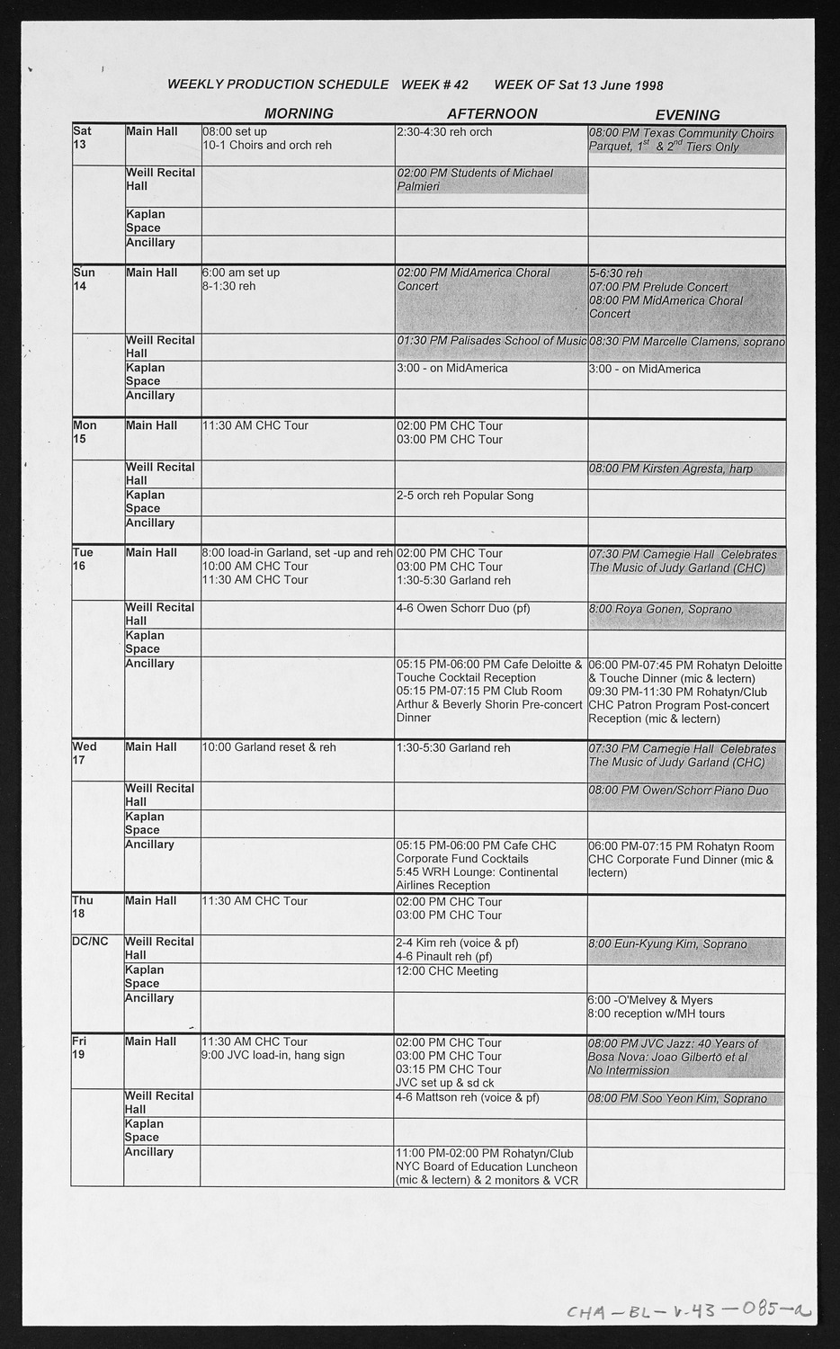 Carnegie Hall Booking Ledger, volume 43, page 85a