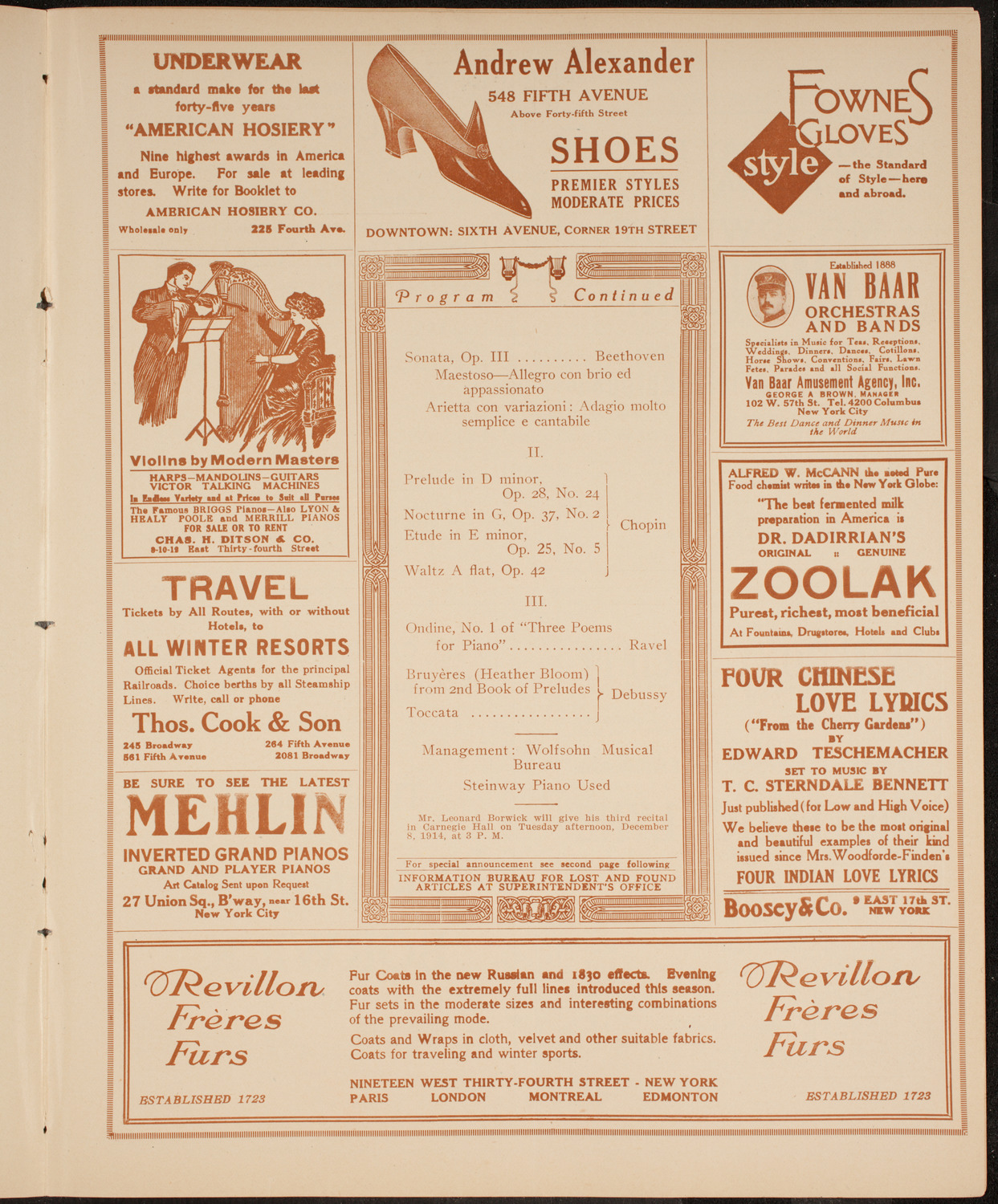 Leonard Borwick, Piano, November 24, 1914, program page 7