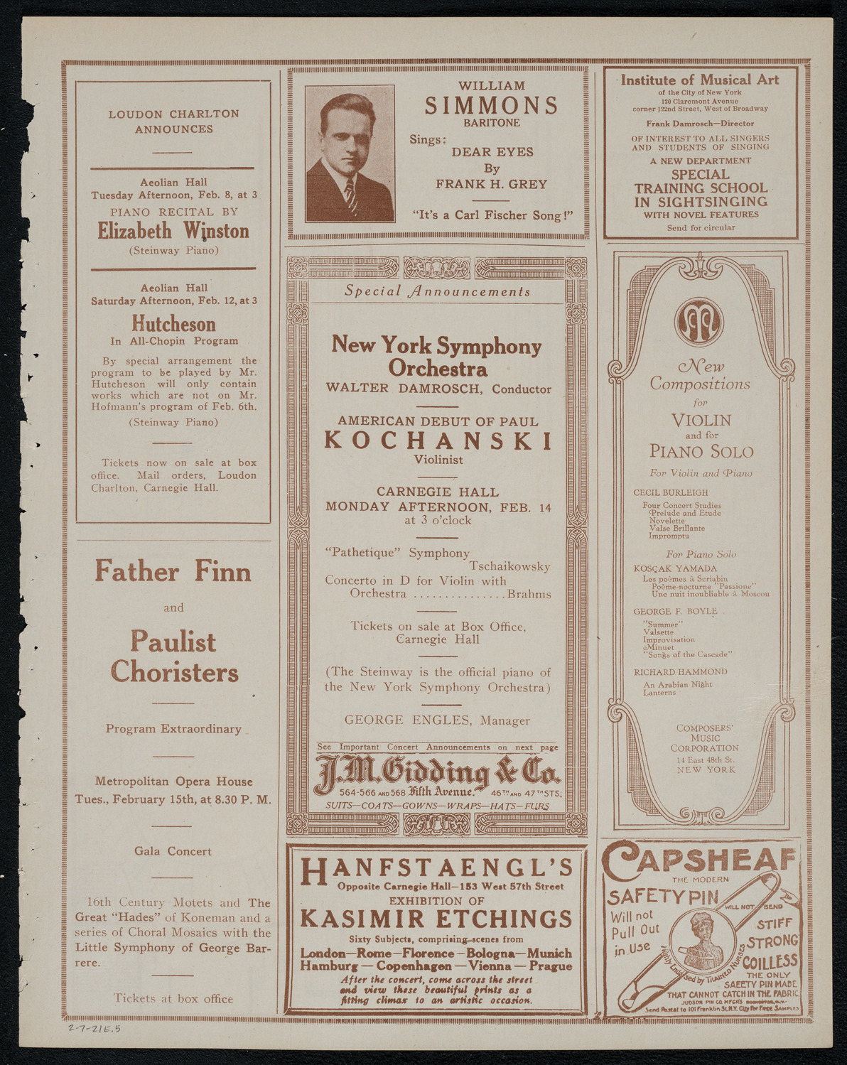 National Symphony Orchestra, February 7, 1921, program page 9