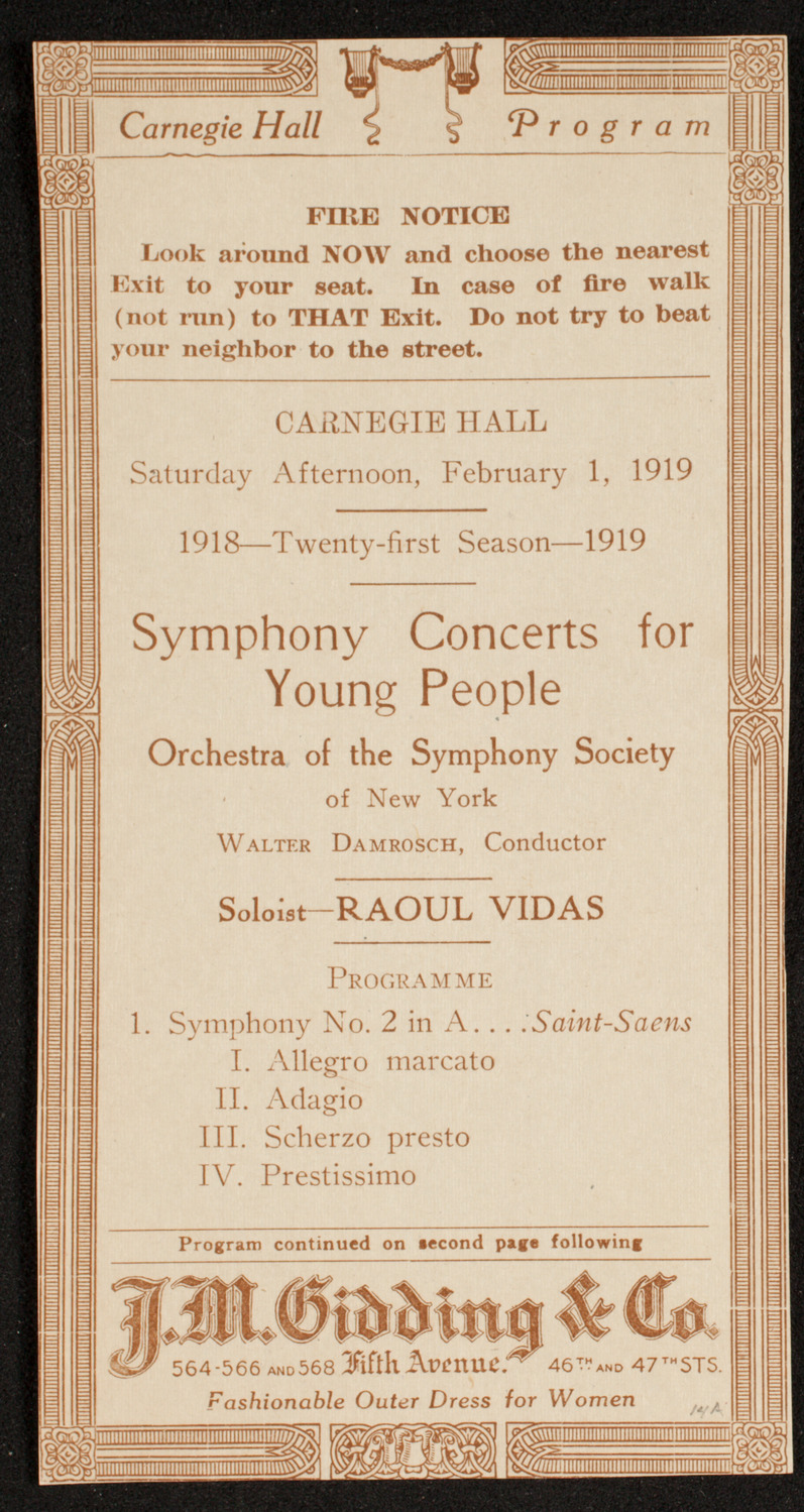Symphony Concert for Young People, February 1, 1919, program page 1