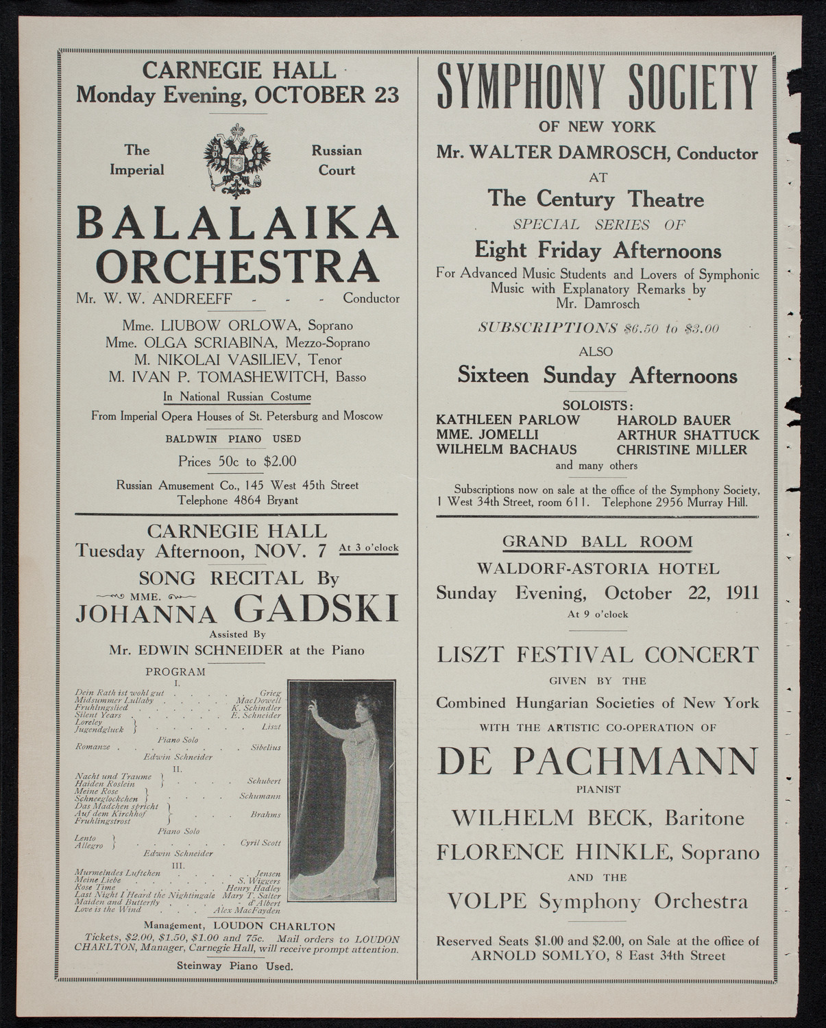 Vladimir de Pachmann, Piano, October 20, 1911, program page 10