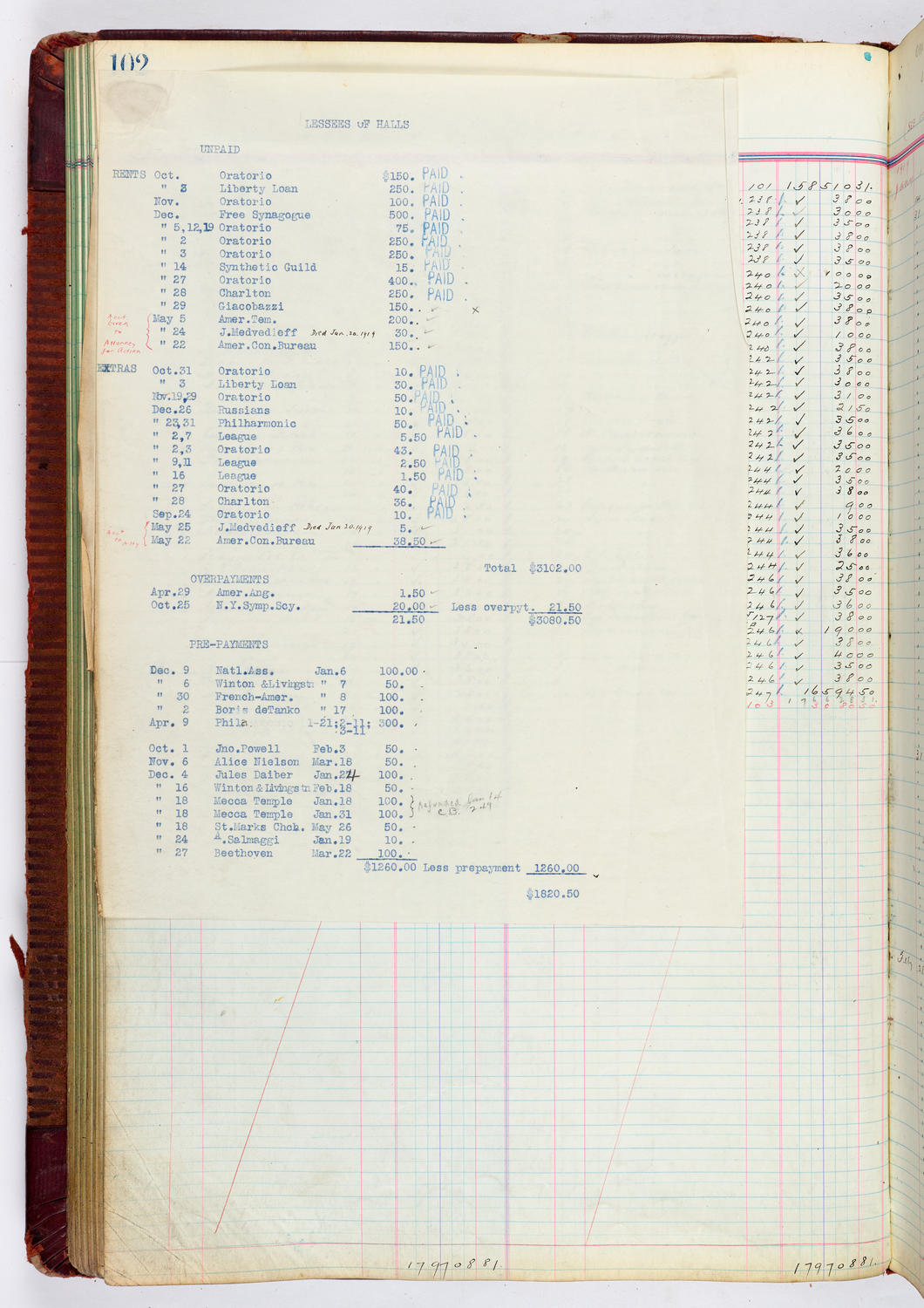 Music Hall Accounting Ledger, volume 4, page 102 (overlay)