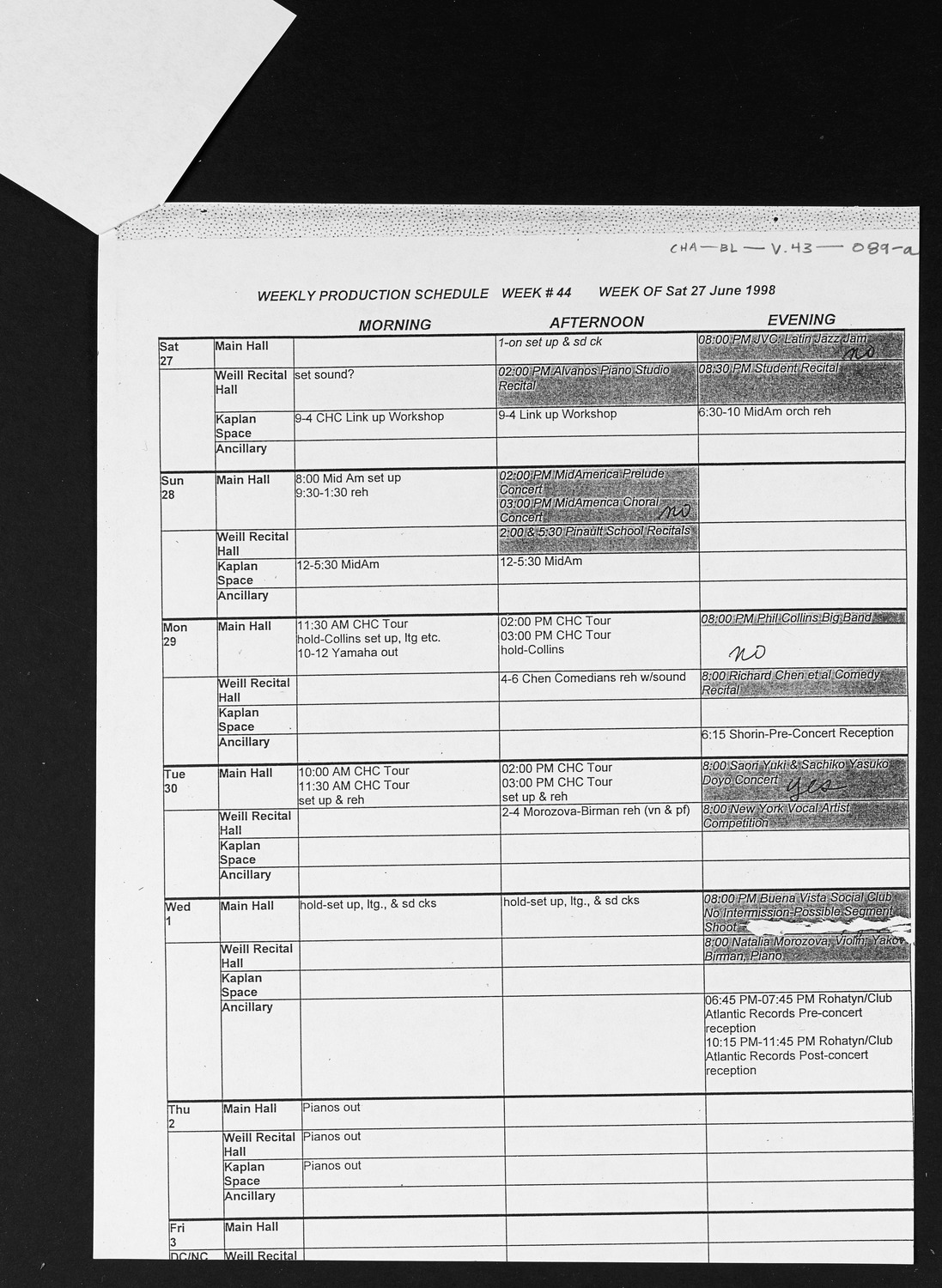 Carnegie Hall Booking Ledger, volume 43, page 89b