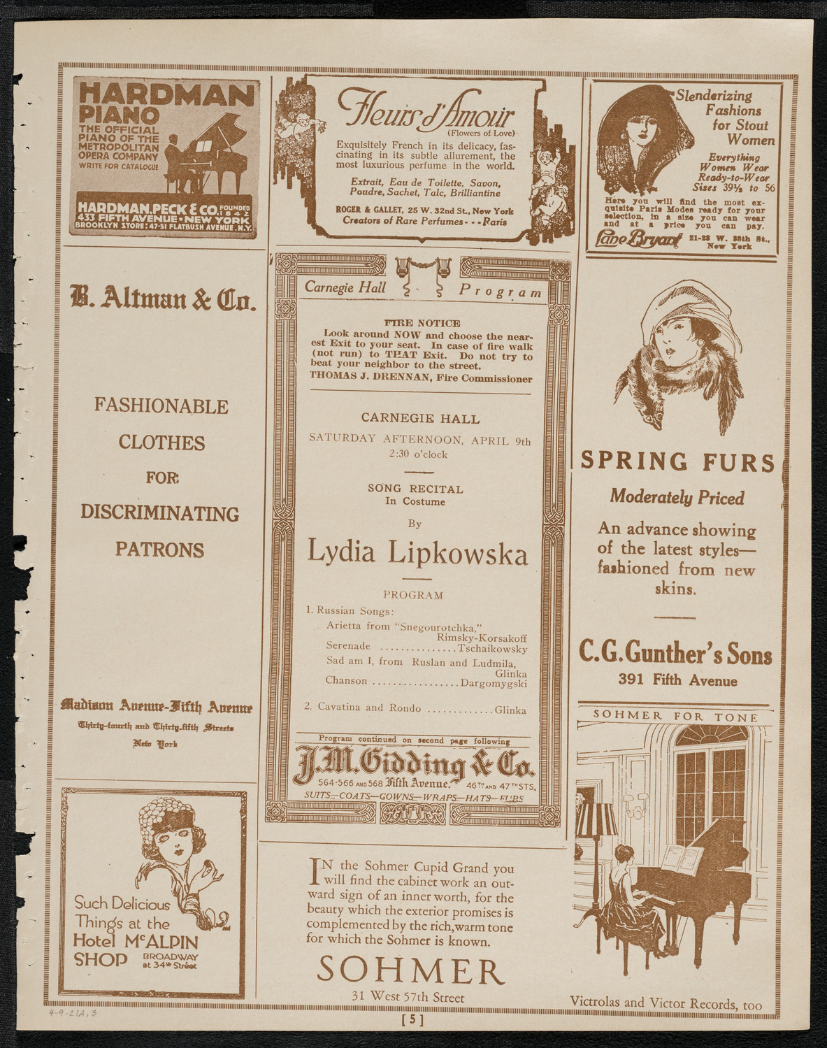 Lydia Lipkowska, Soprano, April 9, 1921, program page 5