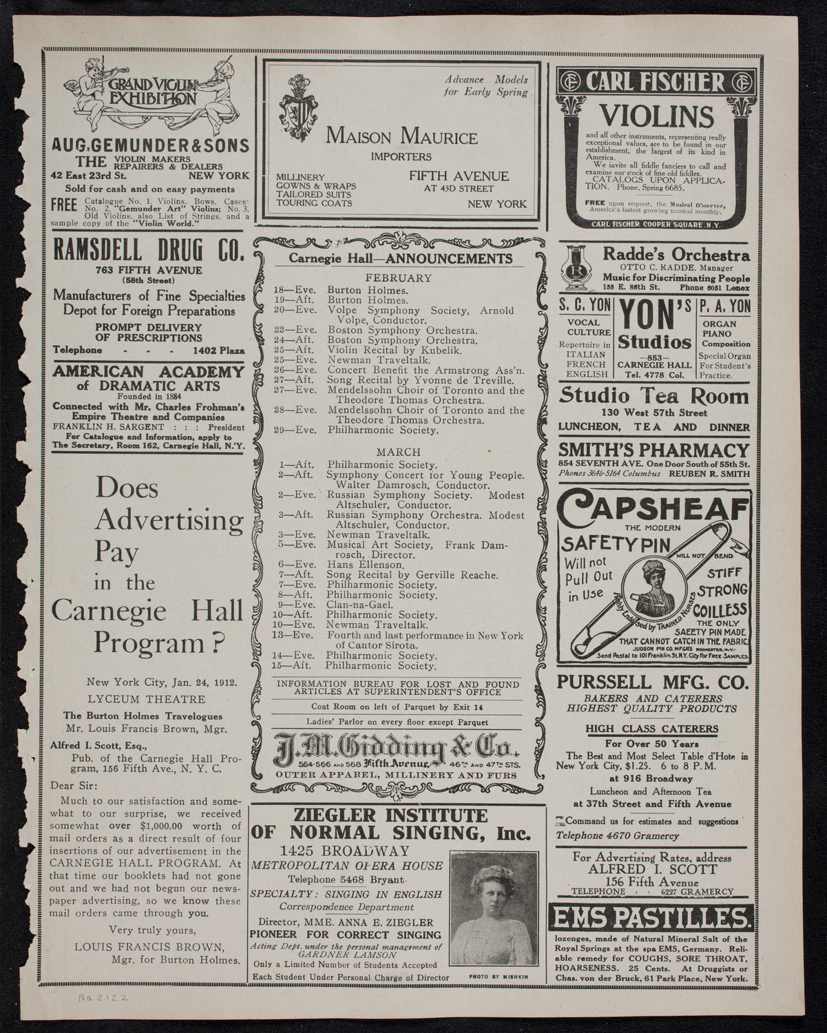 New York Philharmonic, February 18, 1912, program page 3