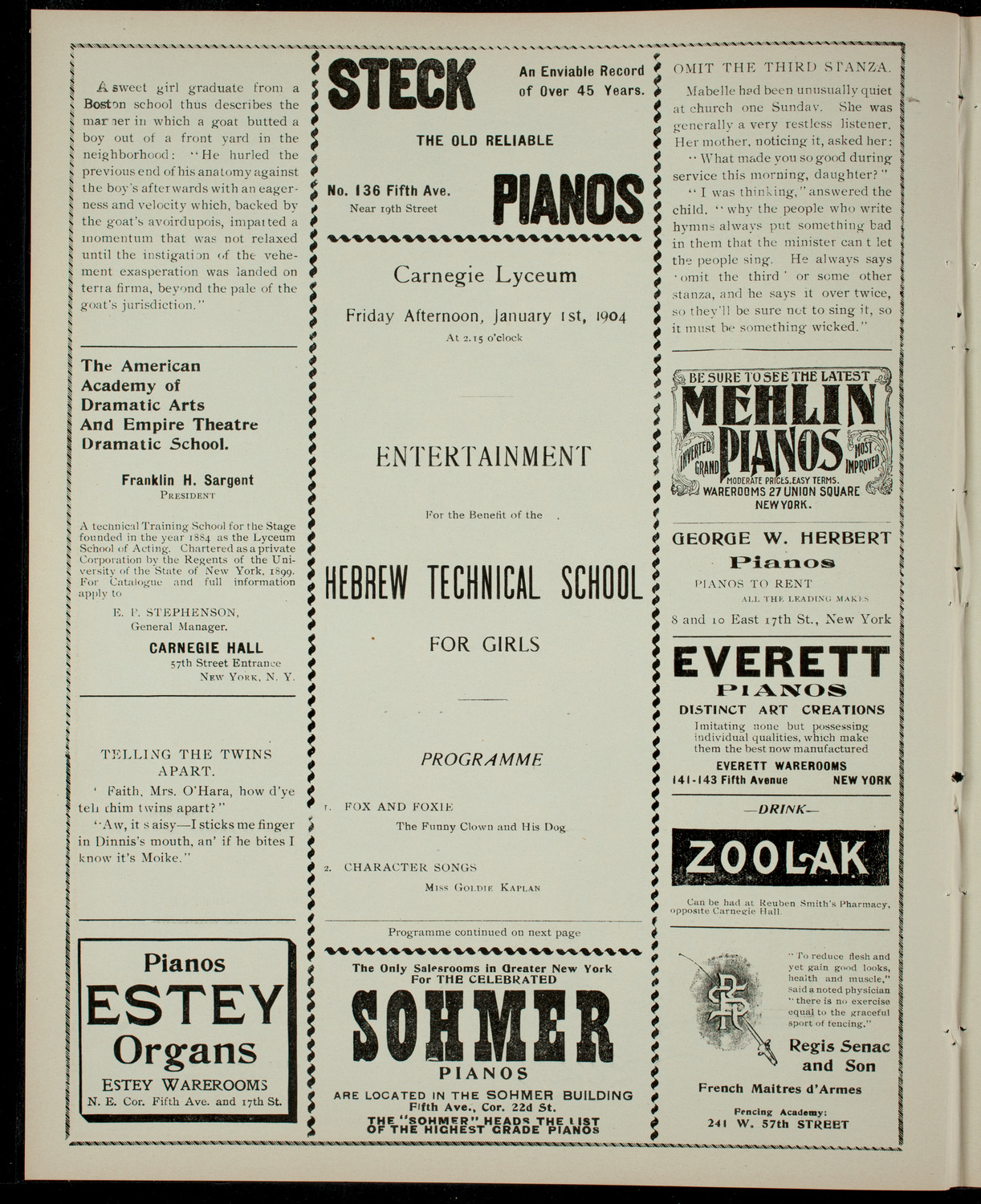 Benefit: Hebrew Technical School for Girls, January 1, 1904, program page 2