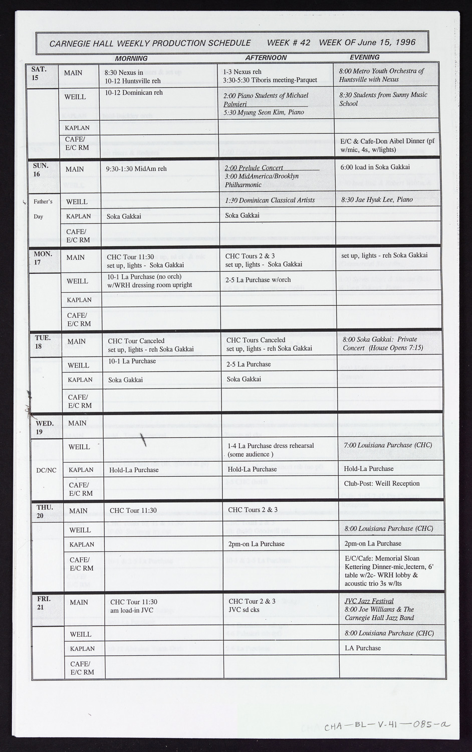 Carnegie Hall Booking Ledger, volume 41, page 85a