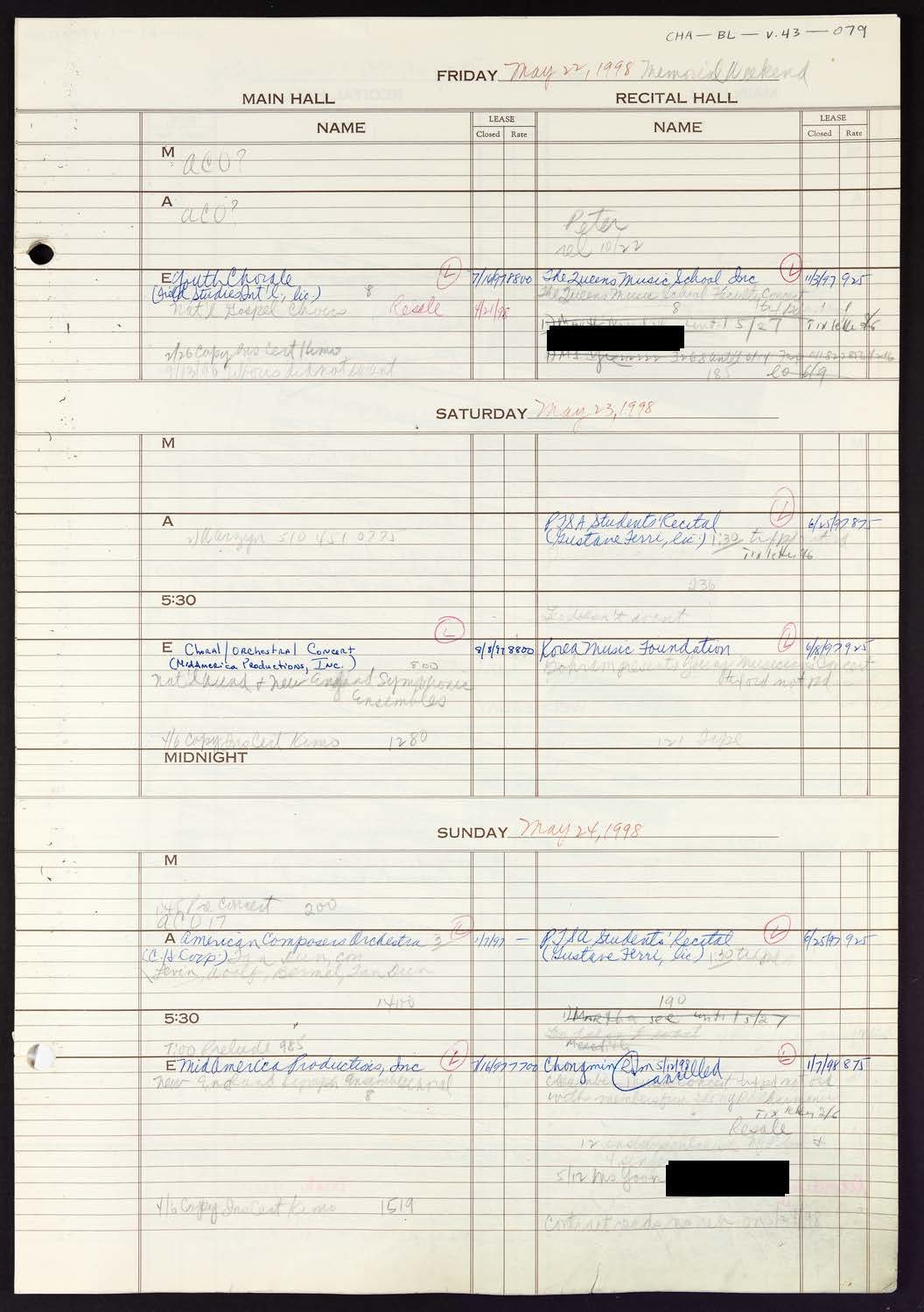 Carnegie Hall Booking Ledger, volume 43, page 79