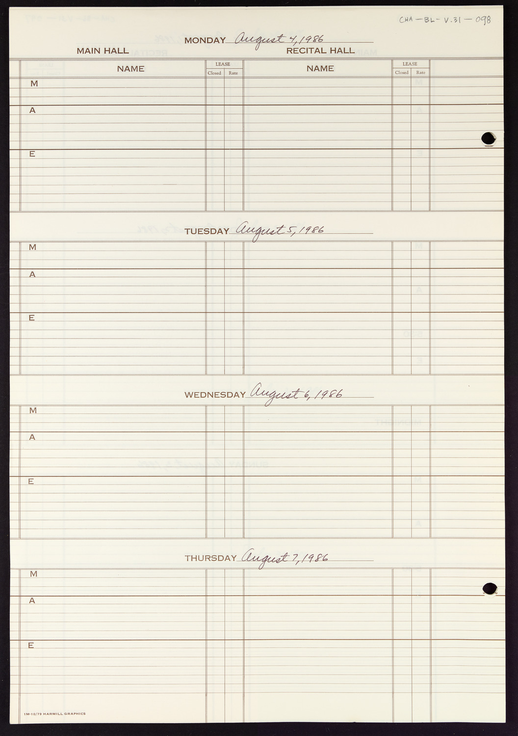 Carnegie Hall Booking Ledger, volume 31, page 98