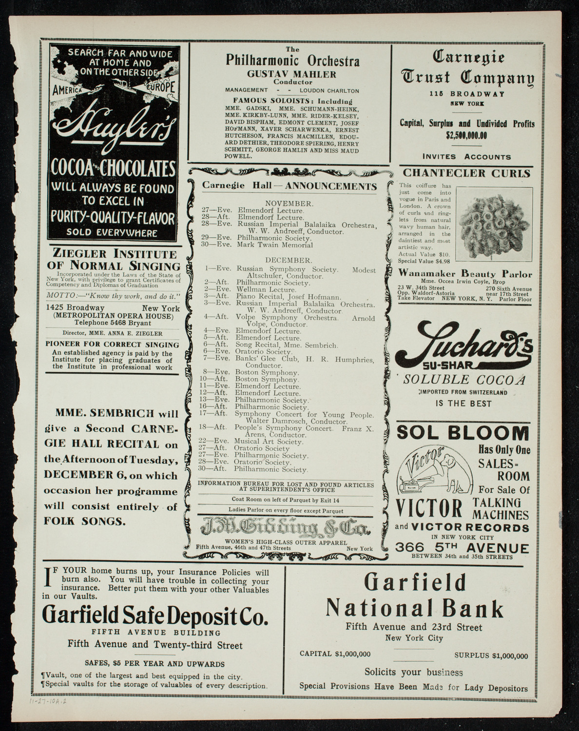 New York Philharmonic, November 27, 1910, program page 3