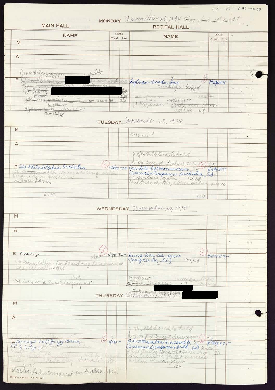 Carnegie Hall Booking Ledger, volume 40, page 30