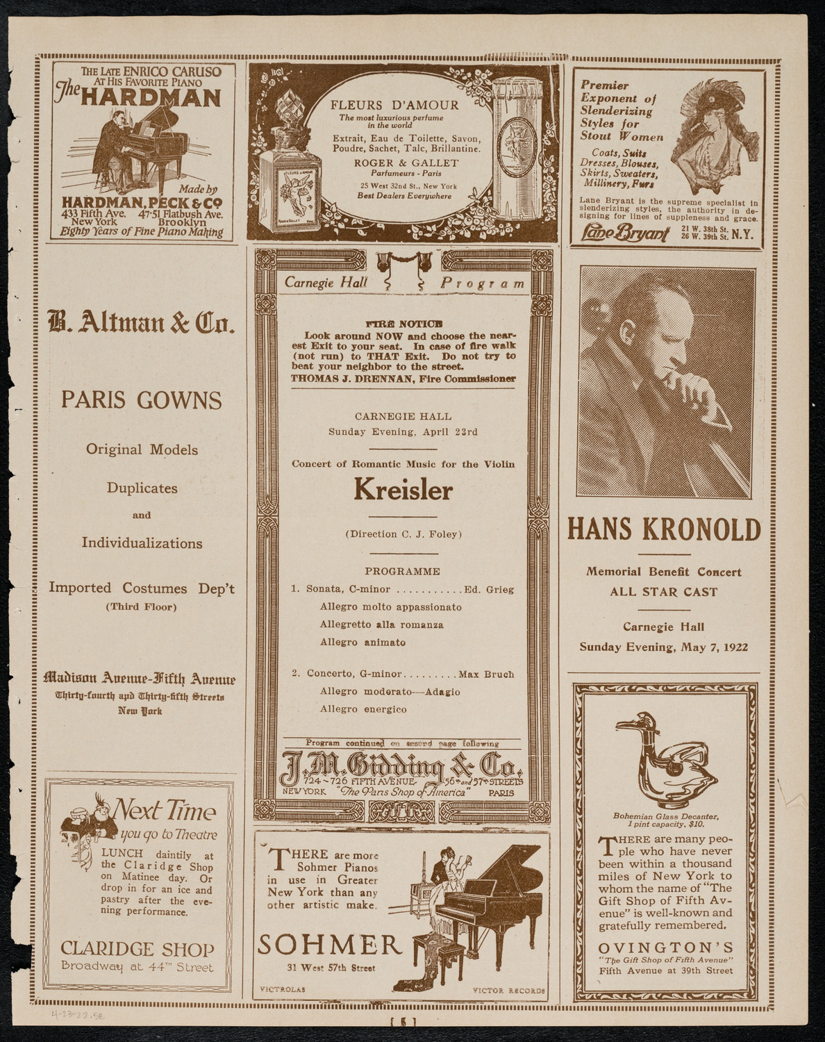 Fritz Kreisler, Violin, April 23, 1922, program page 5