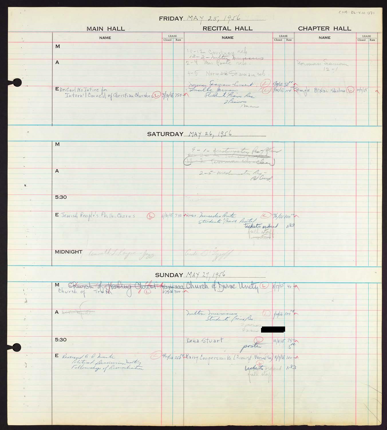 Carnegie Hall Booking Ledger, volume 1, page 71