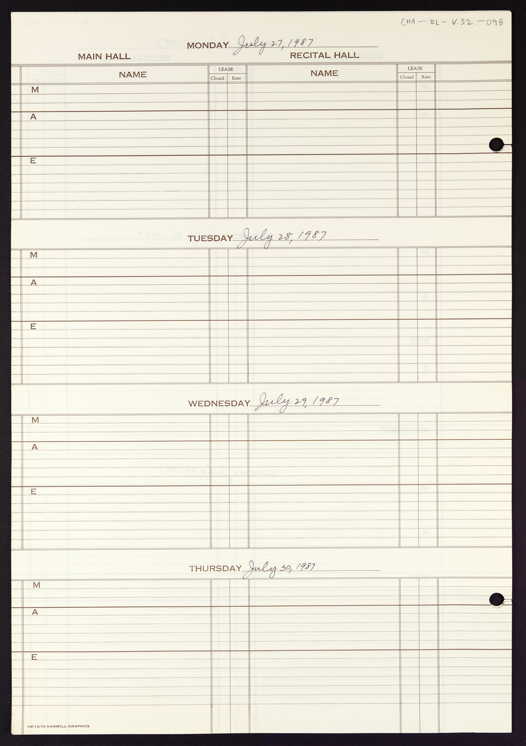 Carnegie Hall Booking Ledger, volume 32, page 98