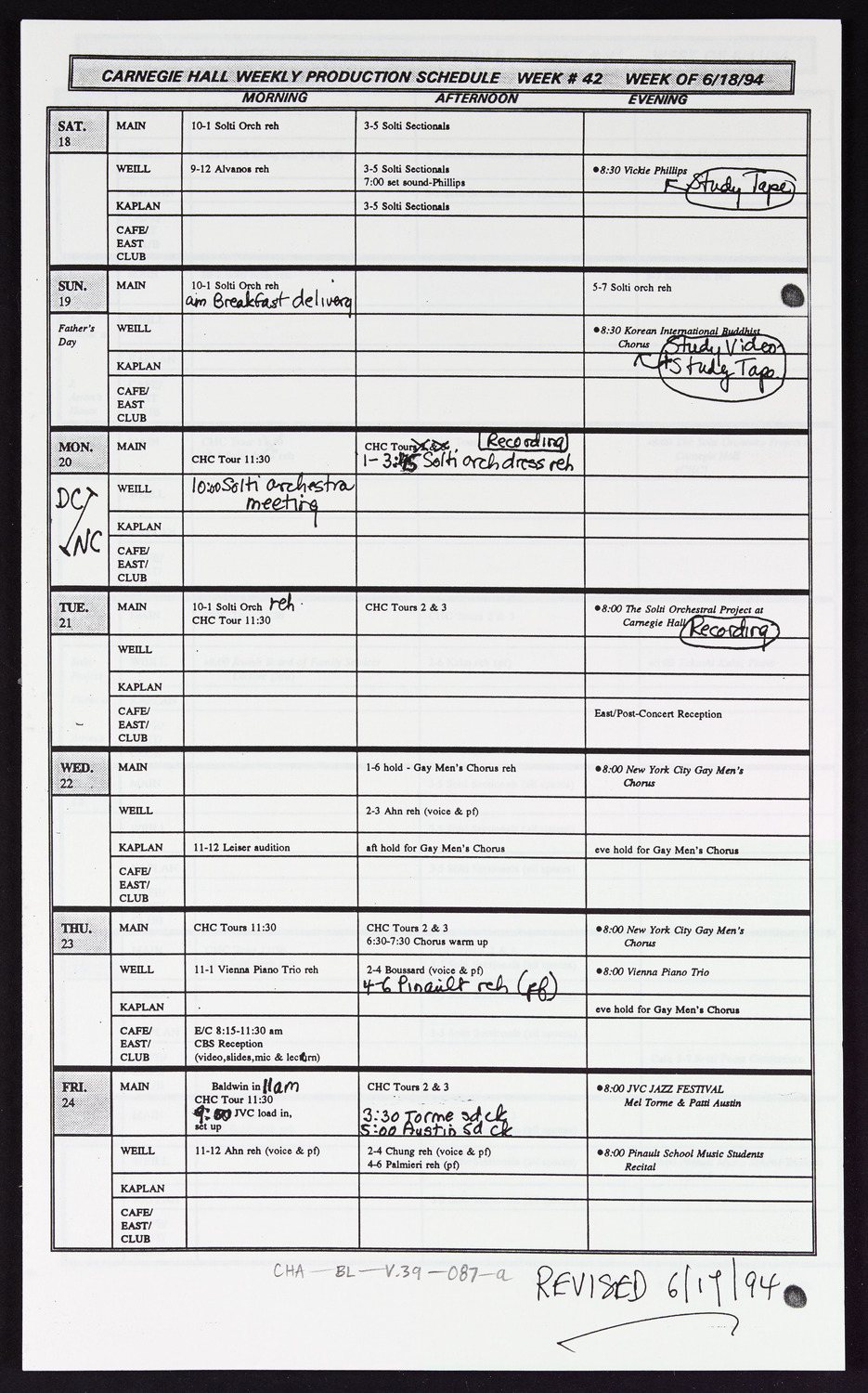 Carnegie Hall Booking Ledger, volume 39, page 87a