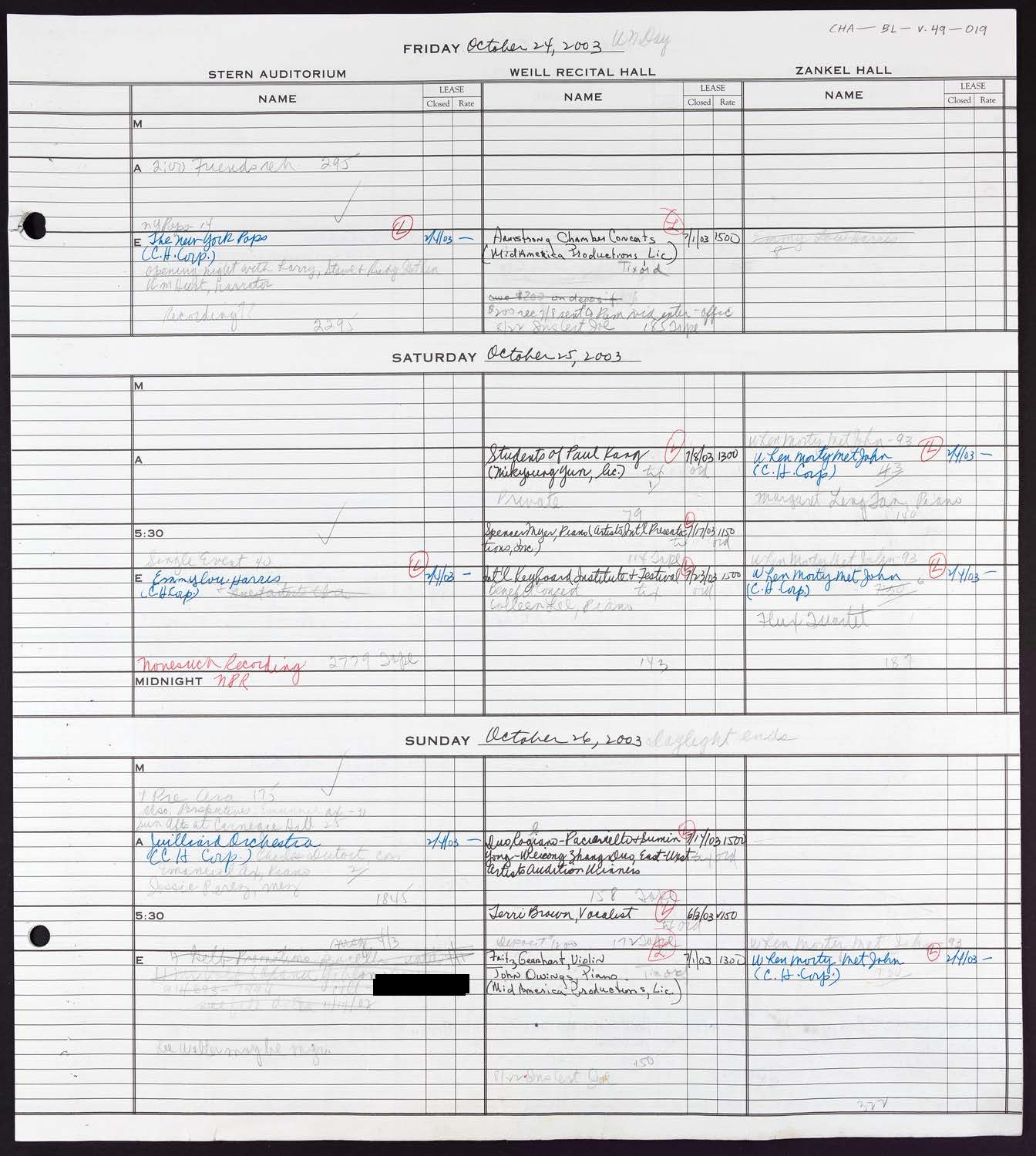 Carnegie Hall Booking Ledger, volume 49, page 19