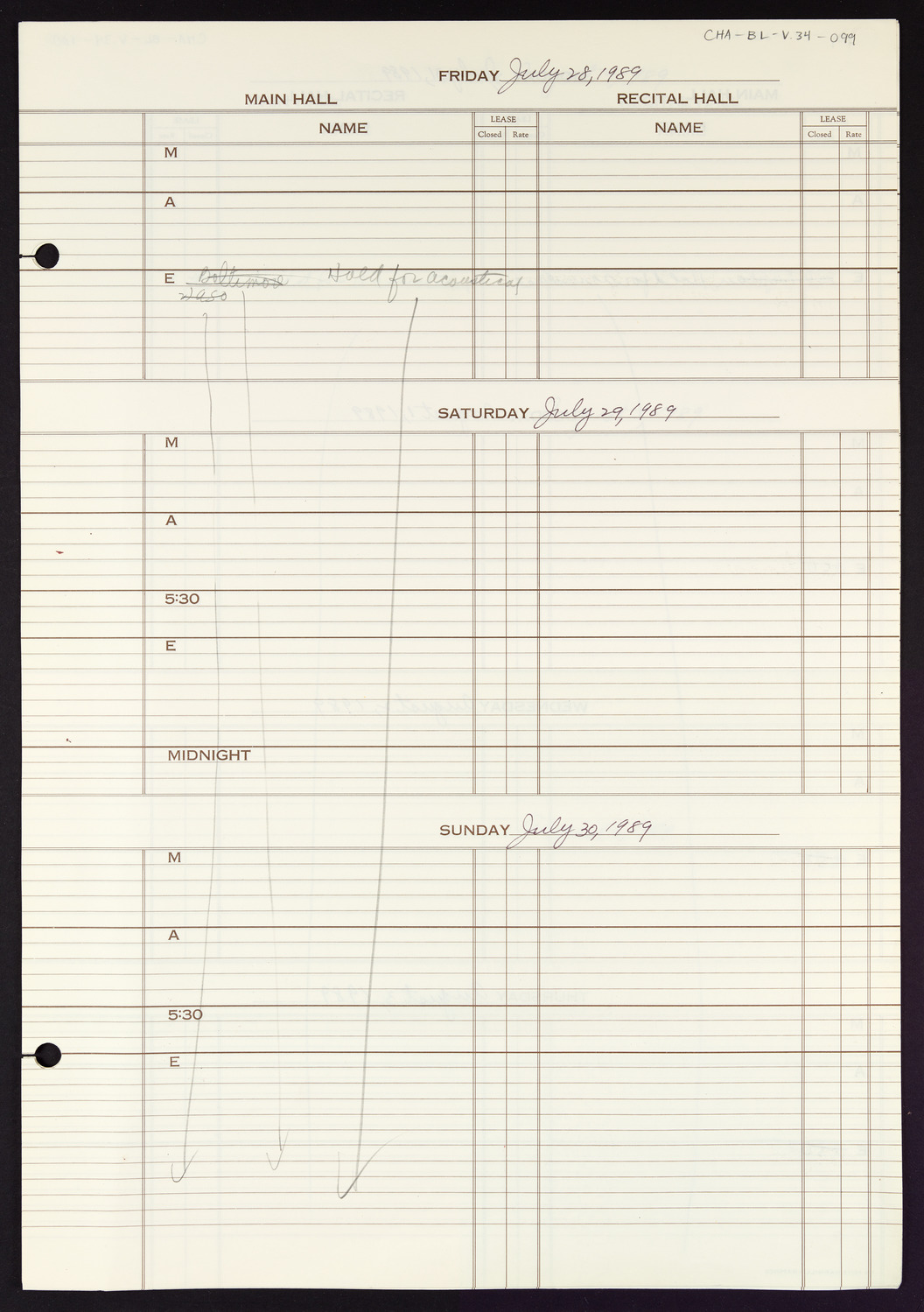 Carnegie Hall Booking Ledger, volume 34, page 99