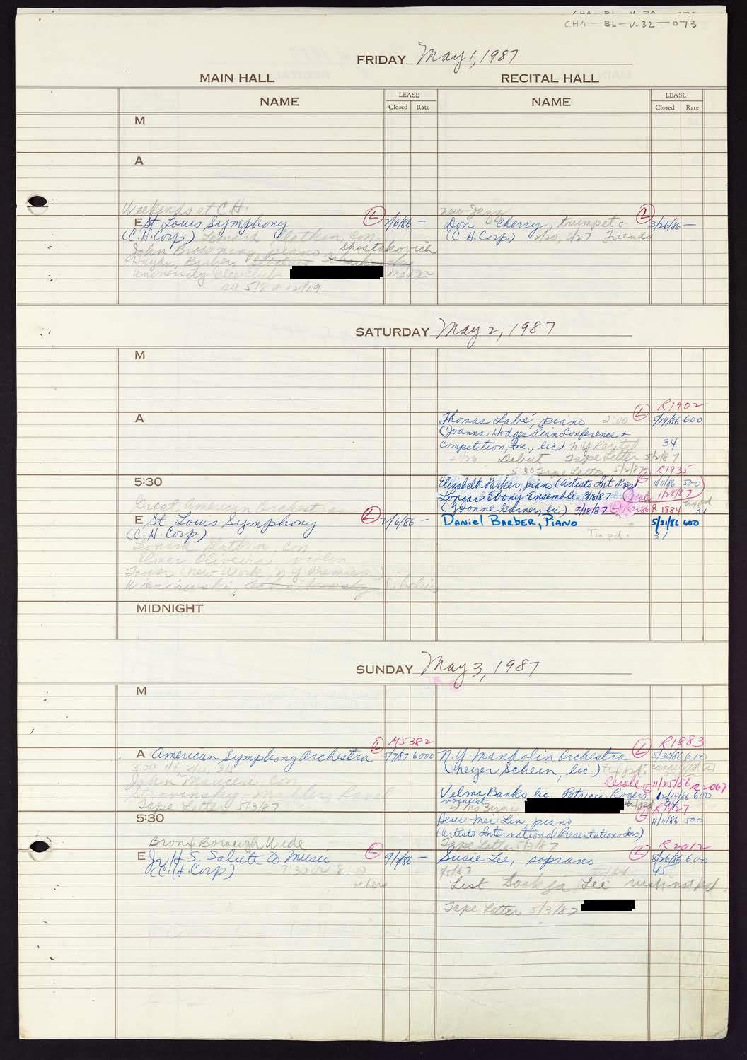 Carnegie Hall Booking Ledger, volume 32, page 73