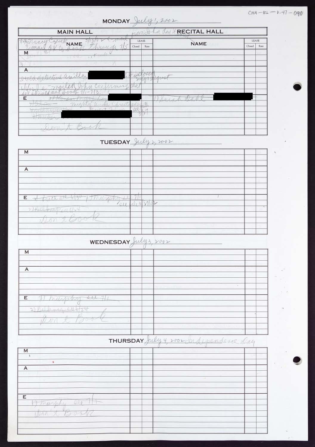 Carnegie Hall Booking Ledger, volume 47, page 90