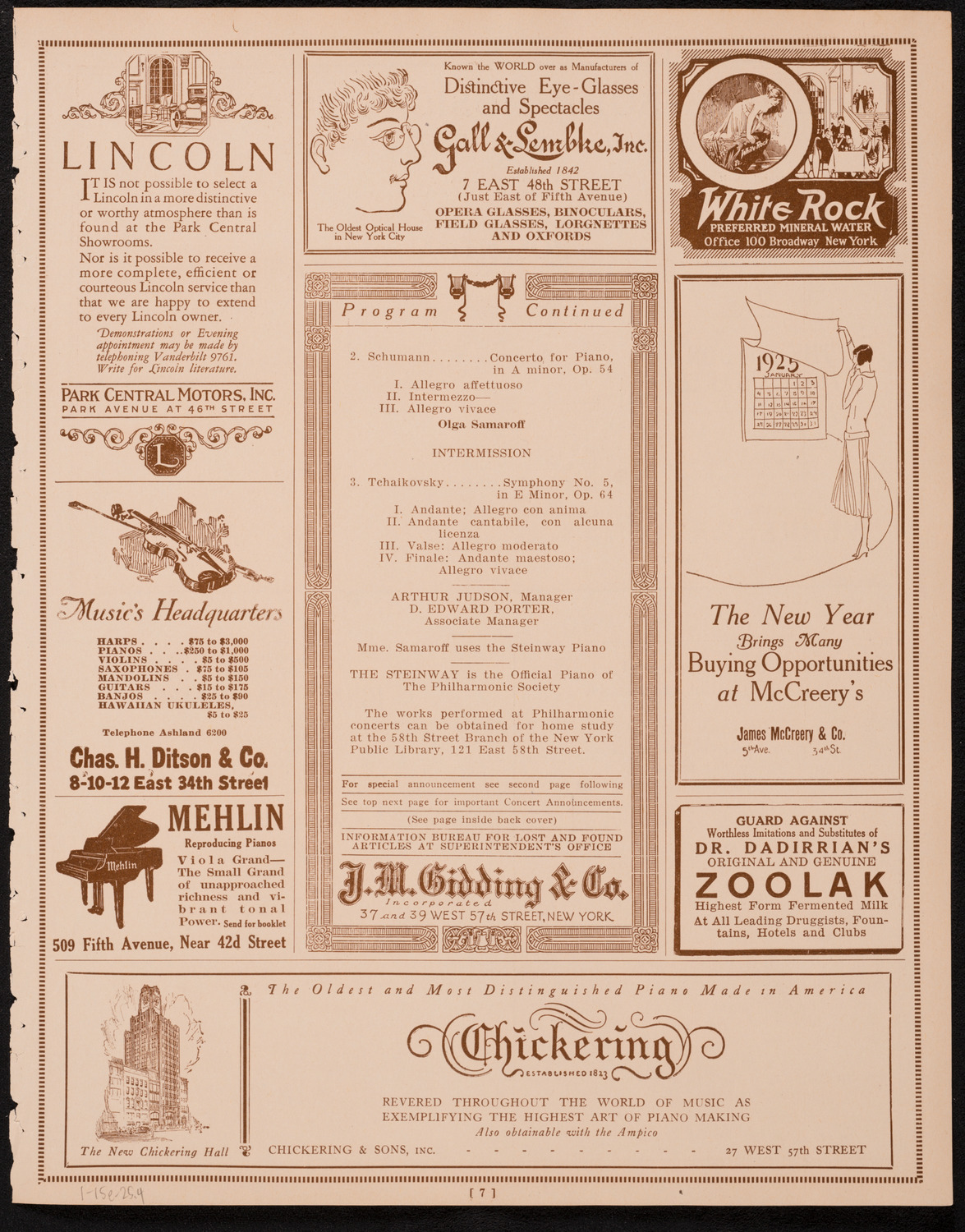 New York Philharmonic, January 15, 1925, program page 7