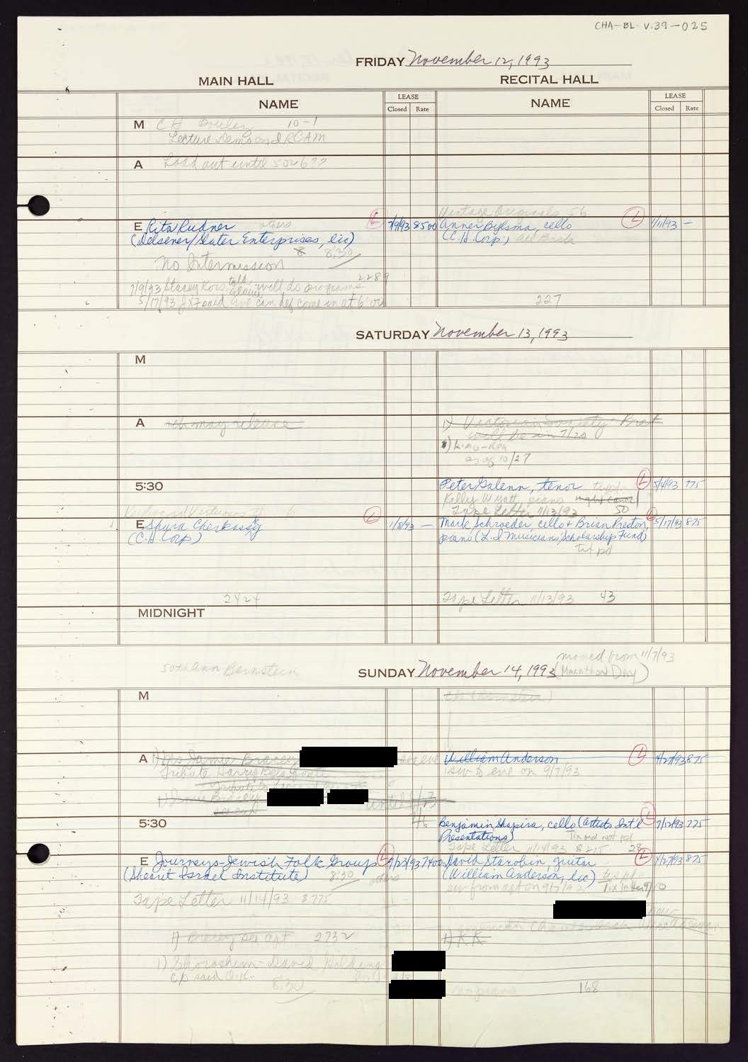 Carnegie Hall Booking Ledger, volume 39, page 25