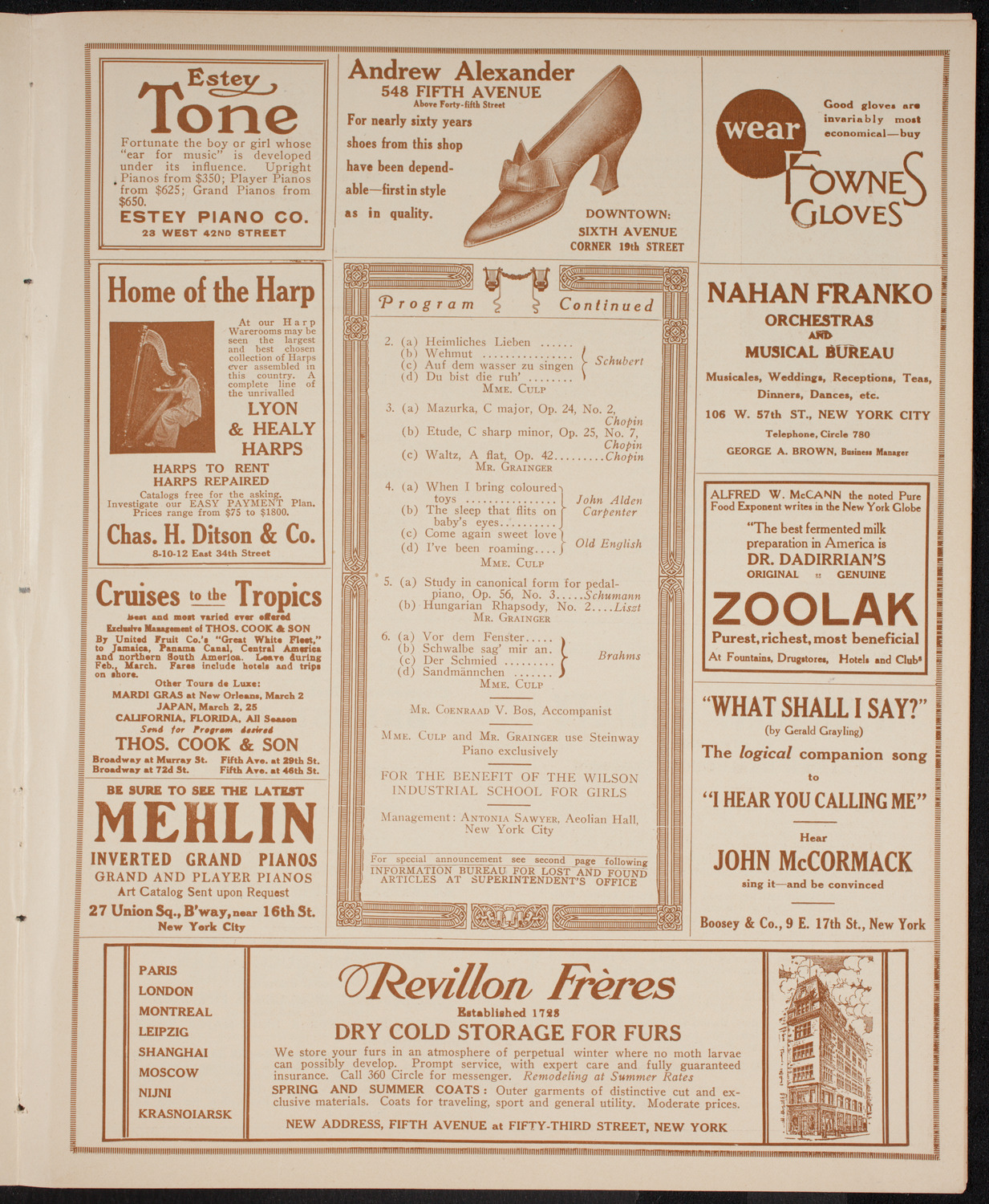 Julia Culp, Contralto, and Percy Grainger, Piano, April 11, 1916, program page 7