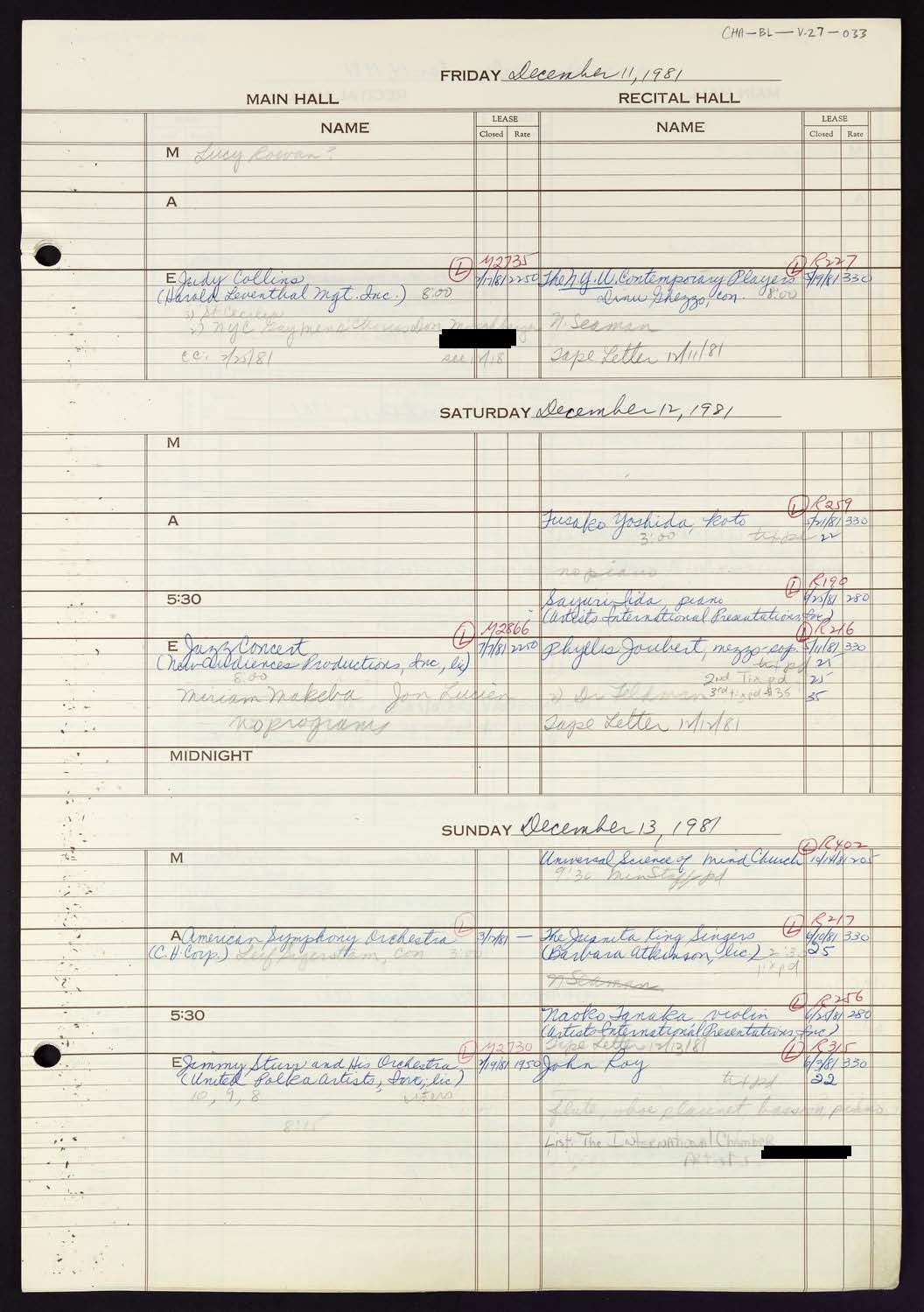 Carnegie Hall Booking Ledger, volume 27, page 33