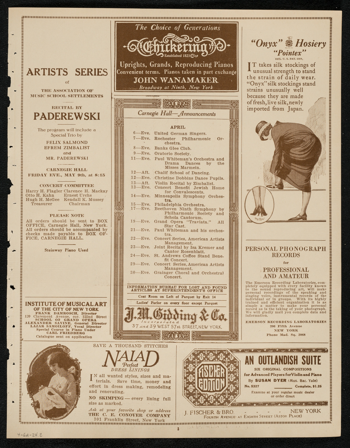 Jascha Heifetz, Violin, April 6, 1924, program page 3