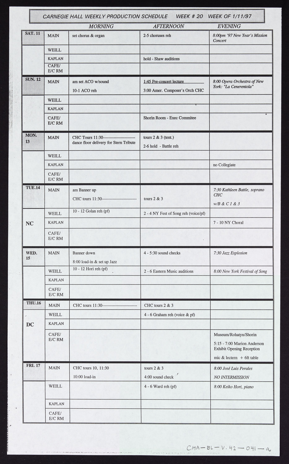 Carnegie Hall Booking Ledger, volume 42, page 41a