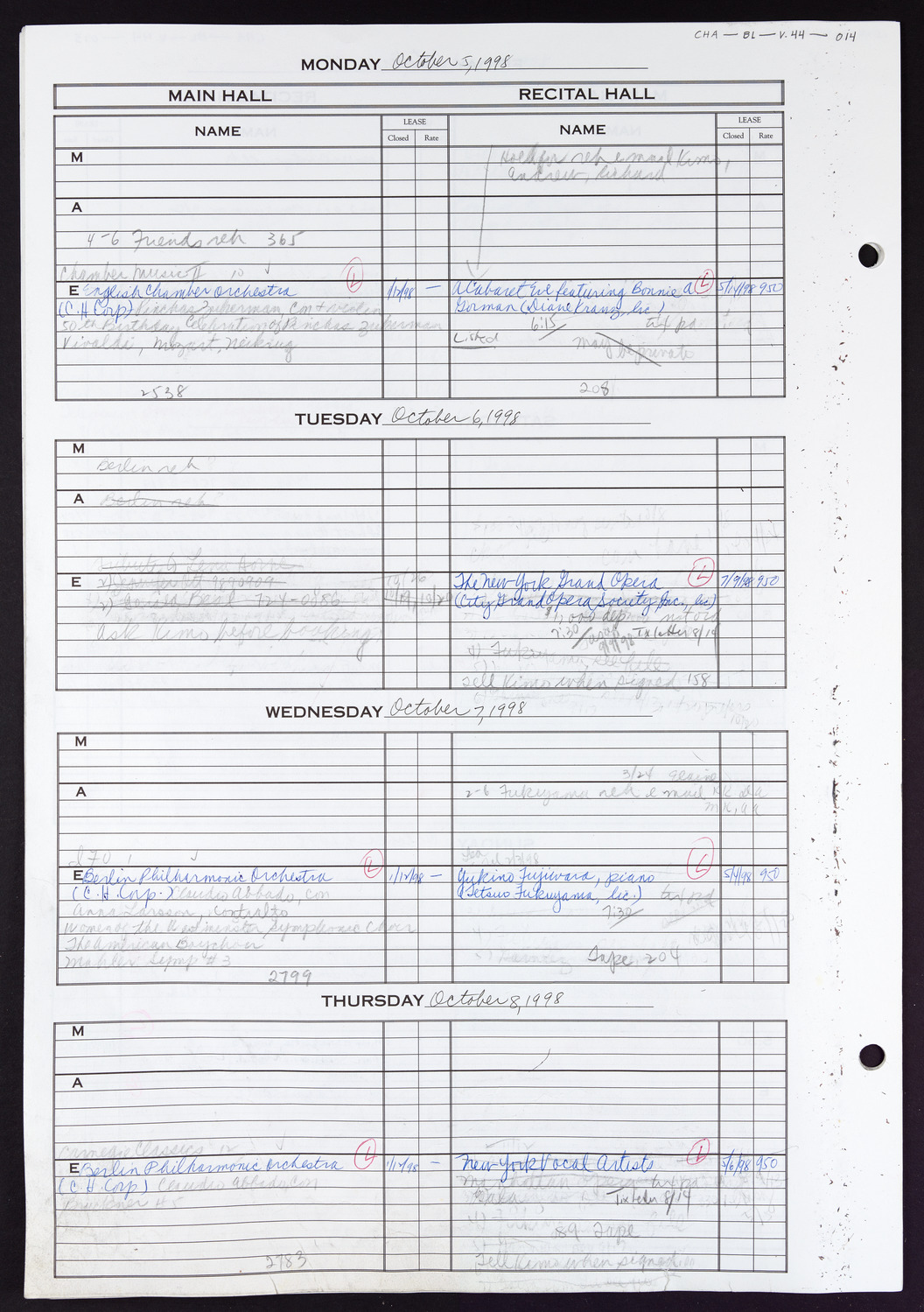 Carnegie Hall Booking Ledger, volume 44, page 14