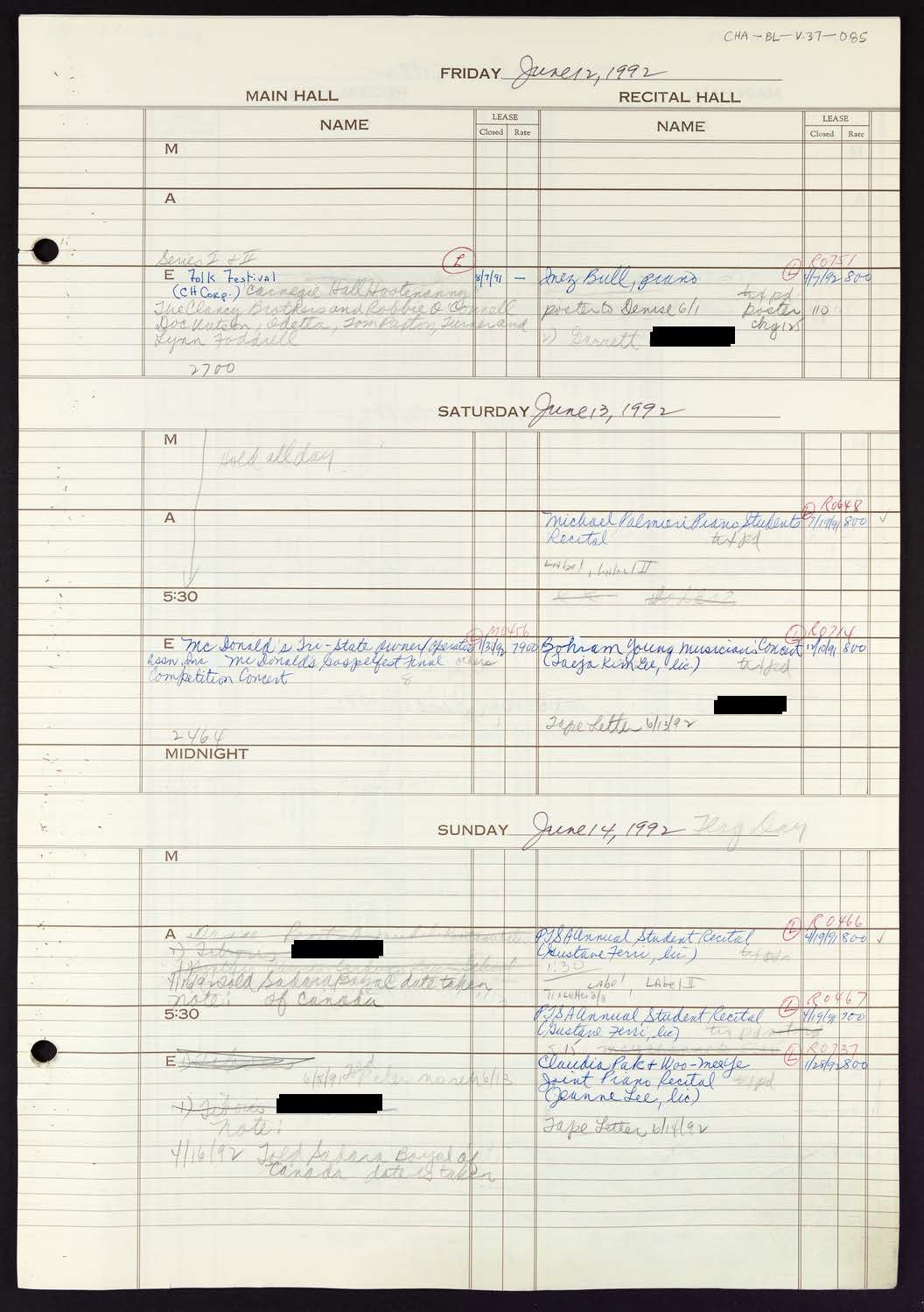 Carnegie Hall Booking Ledger, volume 37, page 85