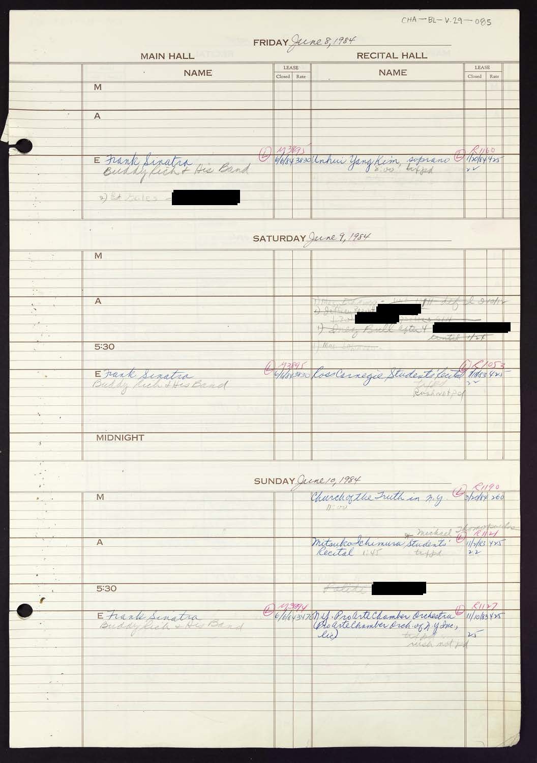 Carnegie Hall Booking Ledger, volume 29, page 85