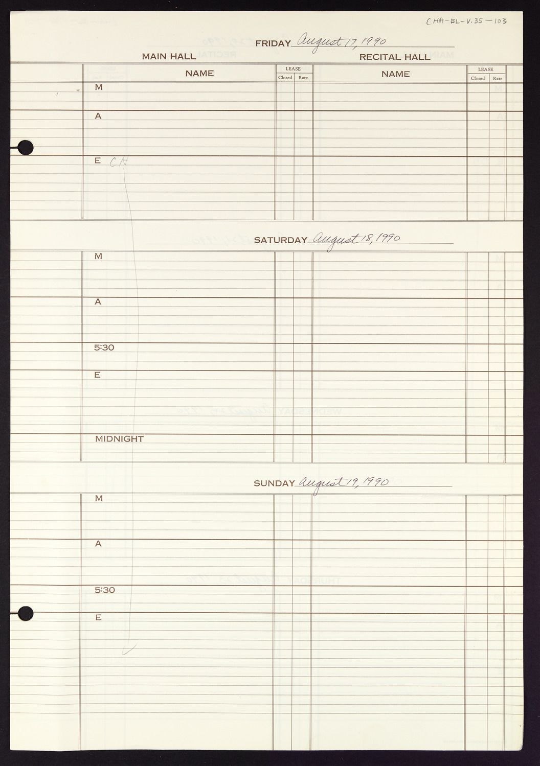 Carnegie Hall Booking Ledger, volume 35, page 103