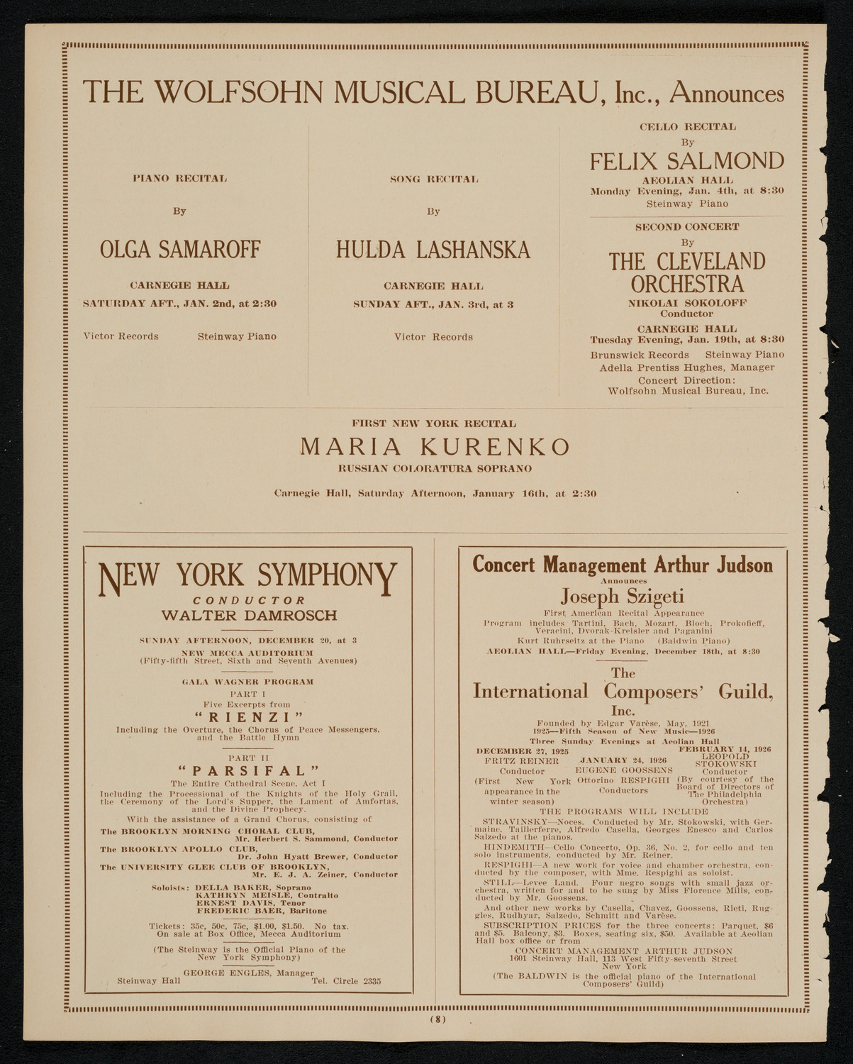 Sigrid Onégin, Contralto, December 16, 1925, program page 8