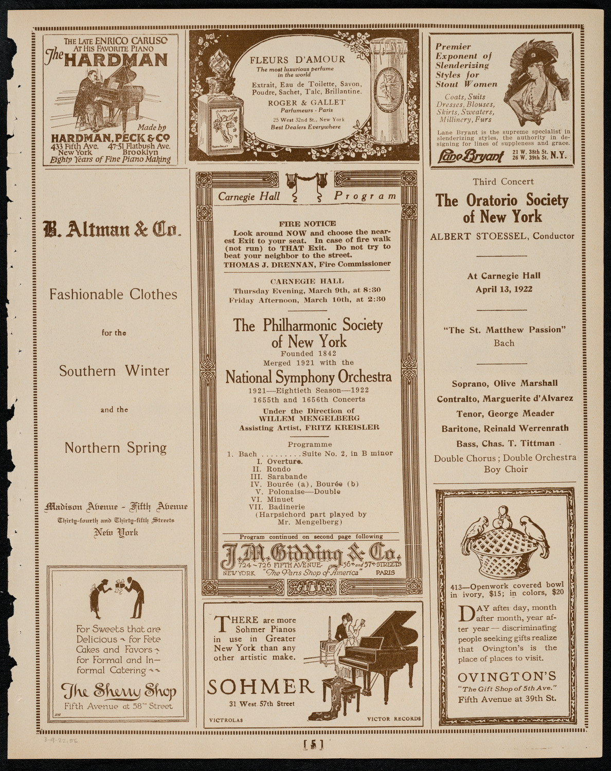 New York Philharmonic, March 9, 1922, program page 5