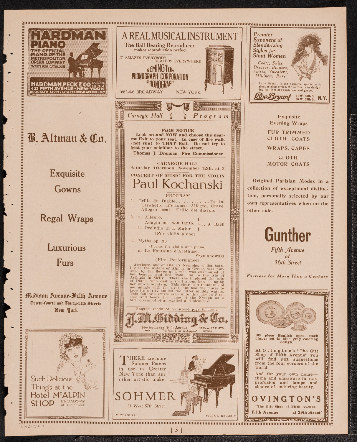 Paul Kochanski, Violin, November 12, 1921, program page 5