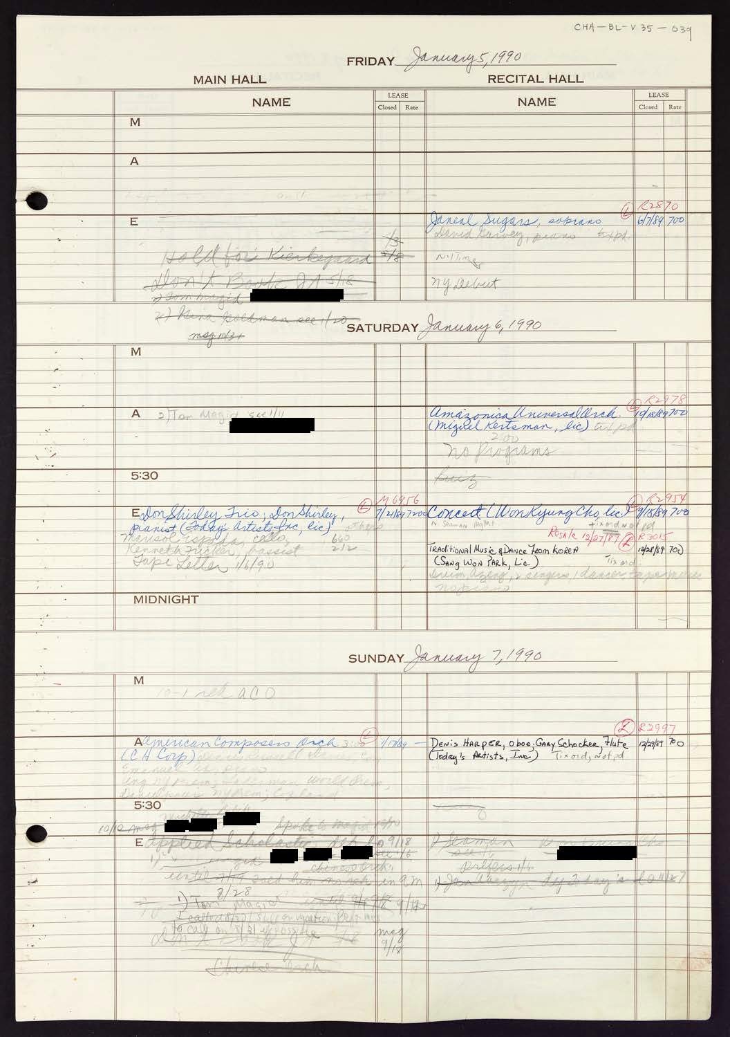 Carnegie Hall Booking Ledger, volume 35, page 39