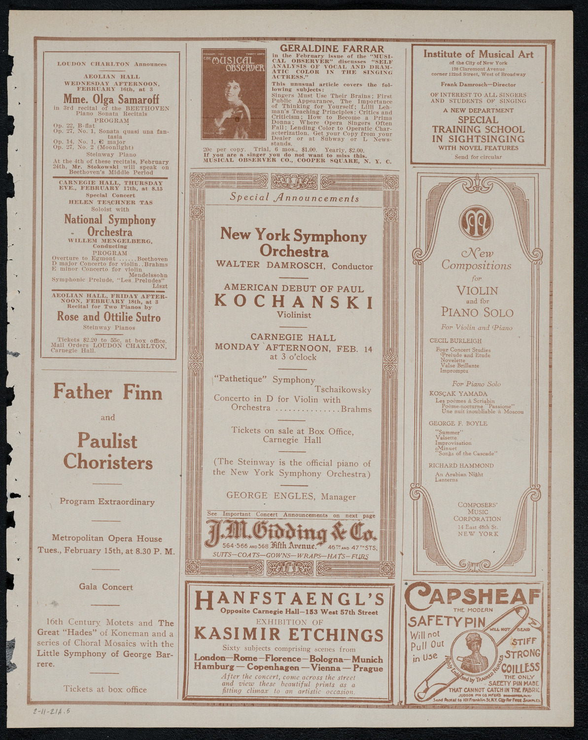 New York Philharmonic, February 11, 1921, program page 9