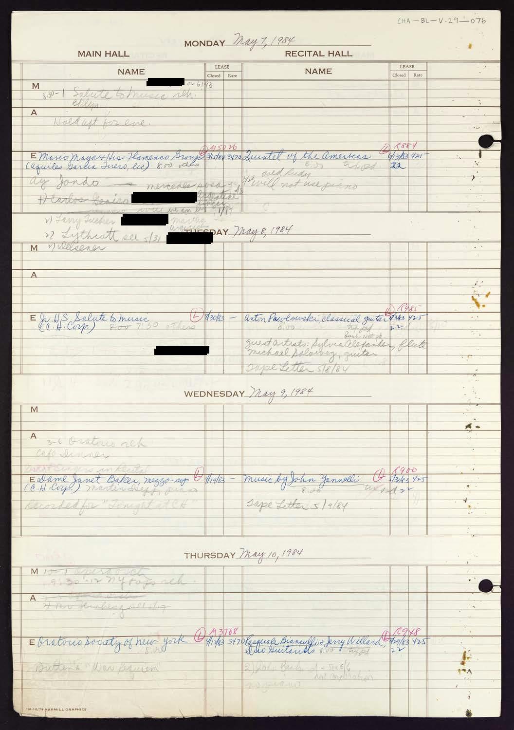 Carnegie Hall Booking Ledger, volume 29, page 76