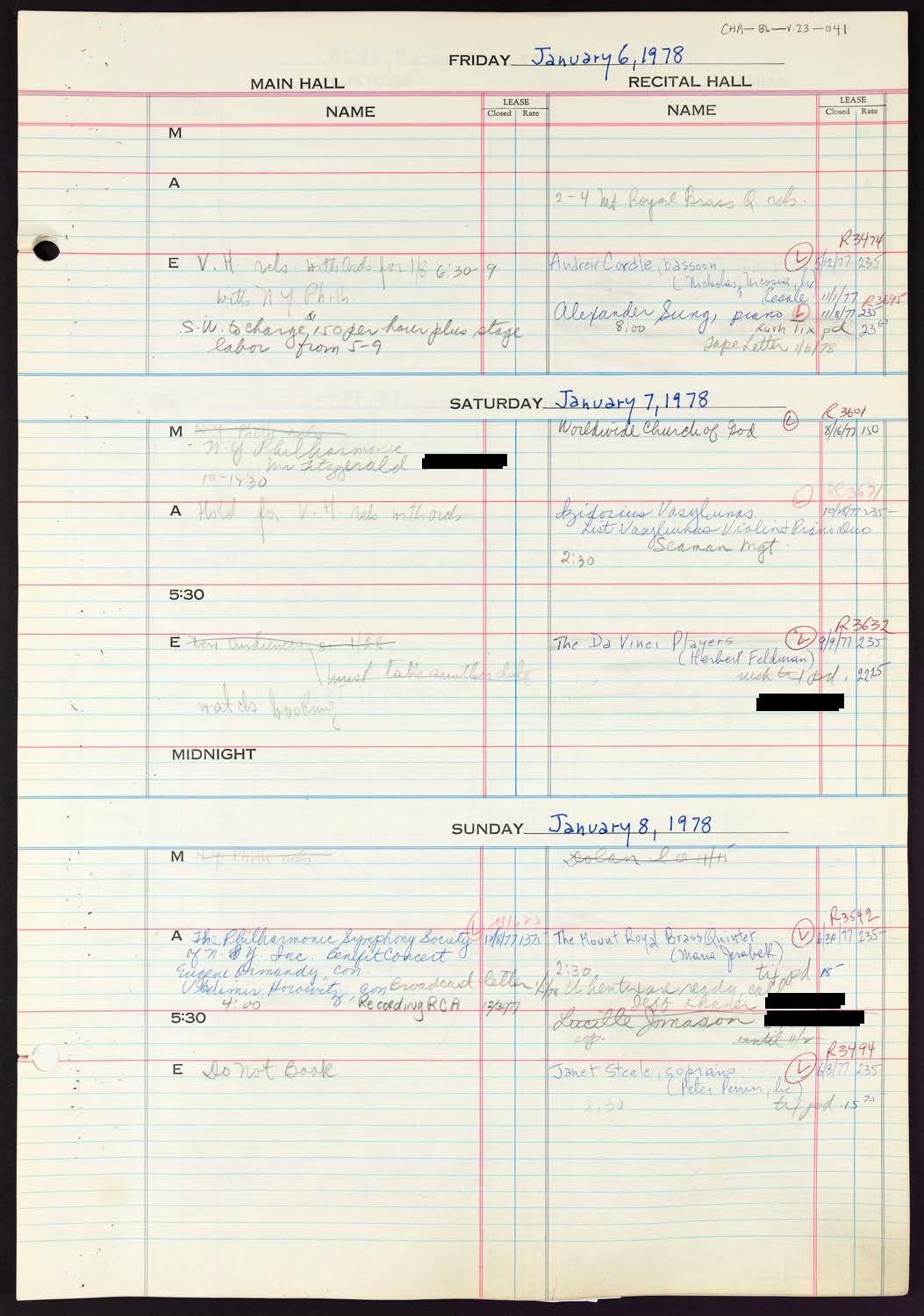 Carnegie Hall Booking Ledger, volume 23, page 41