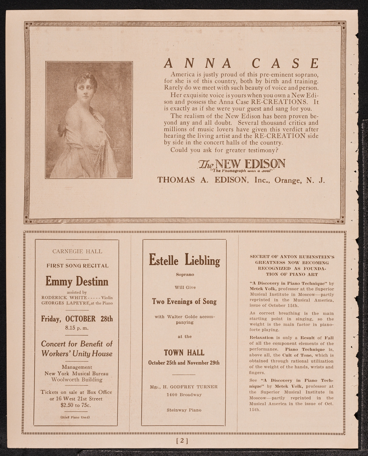 Anna Pinto, Assisted by Distinguished Artists, October 24, 1921, program page 2