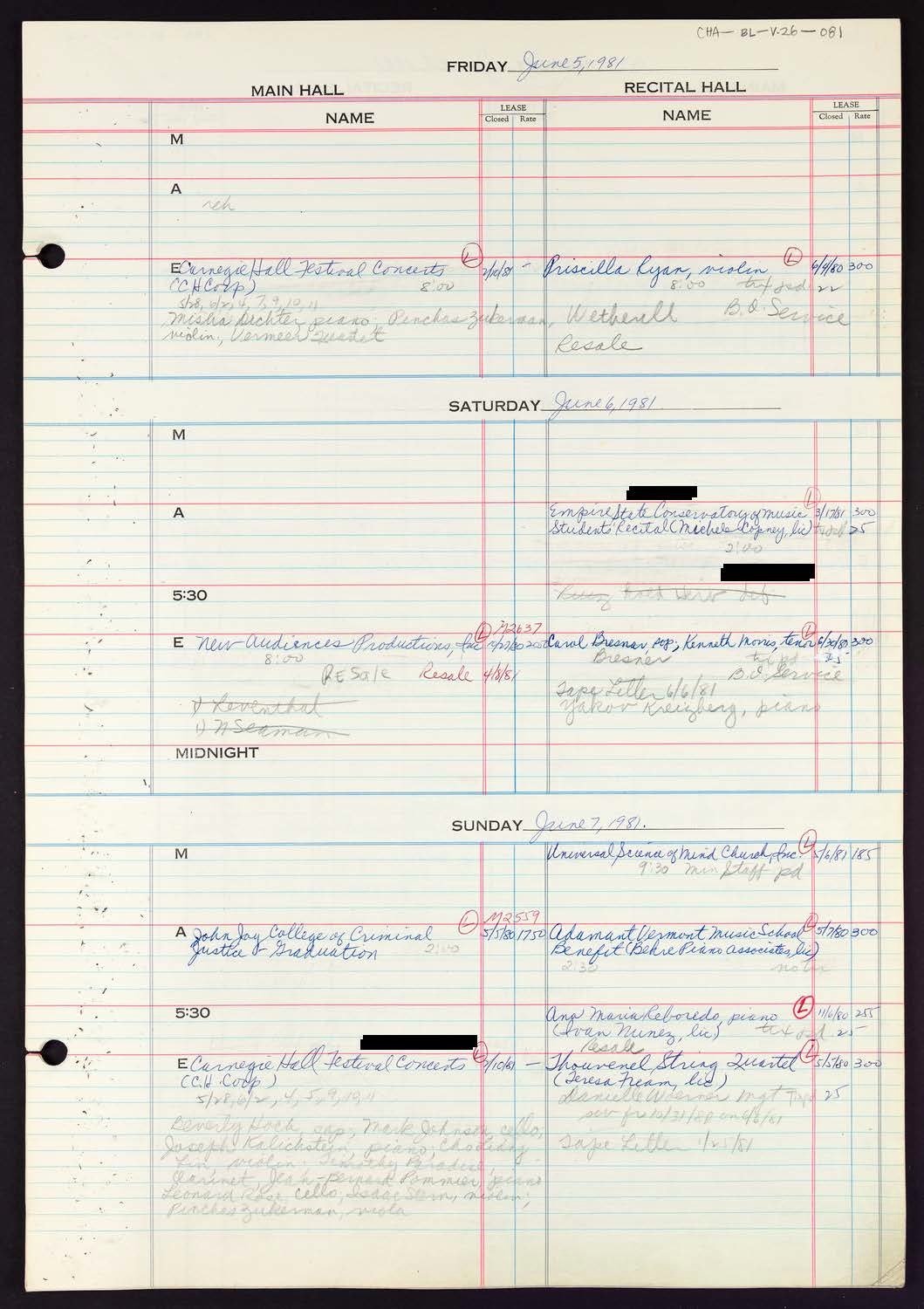 Carnegie Hall Booking Ledger, volume 26, page 81