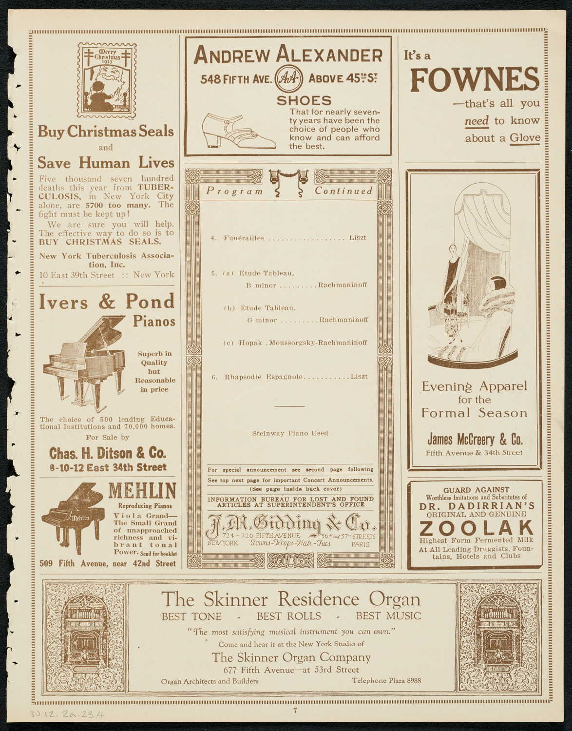 Sergei Rachmaninoff, Piano, December 2, 1923, program page 7
