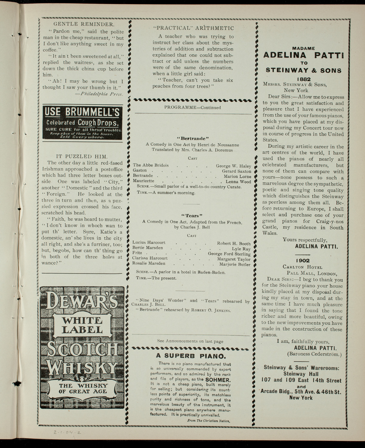 Academy Stock Company of the American Academy of Dramatic Arts/Empire Theatre Dramatic School, February 1, 1904, program page 3