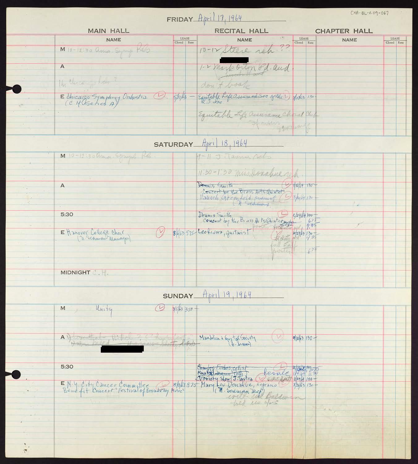 Carnegie Hall Booking Ledger, volume 9, page 67