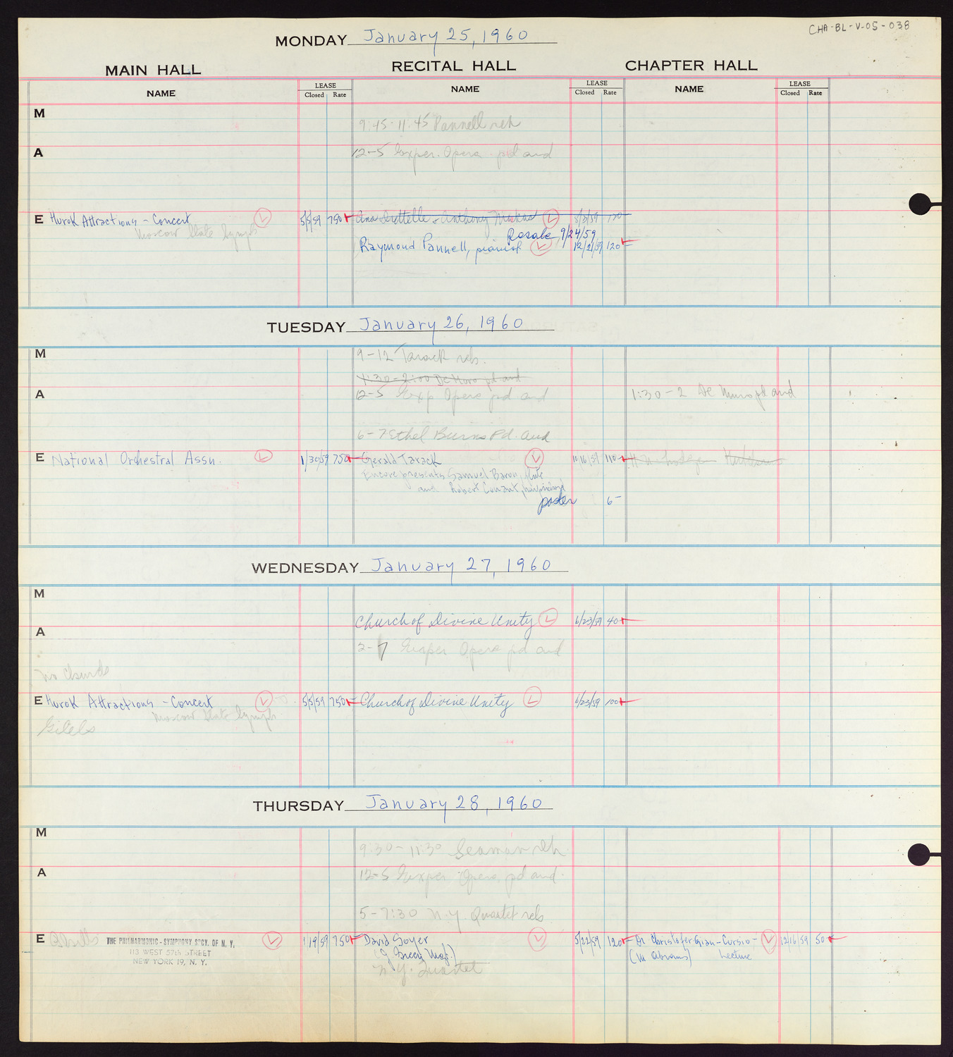 Carnegie Hall Booking Ledger, volume 5, page 38