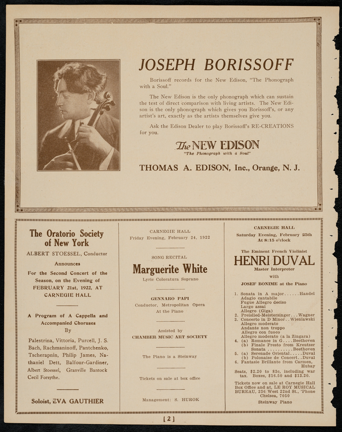 Rene Benedetti, Violin, February 20, 1922, program page 2