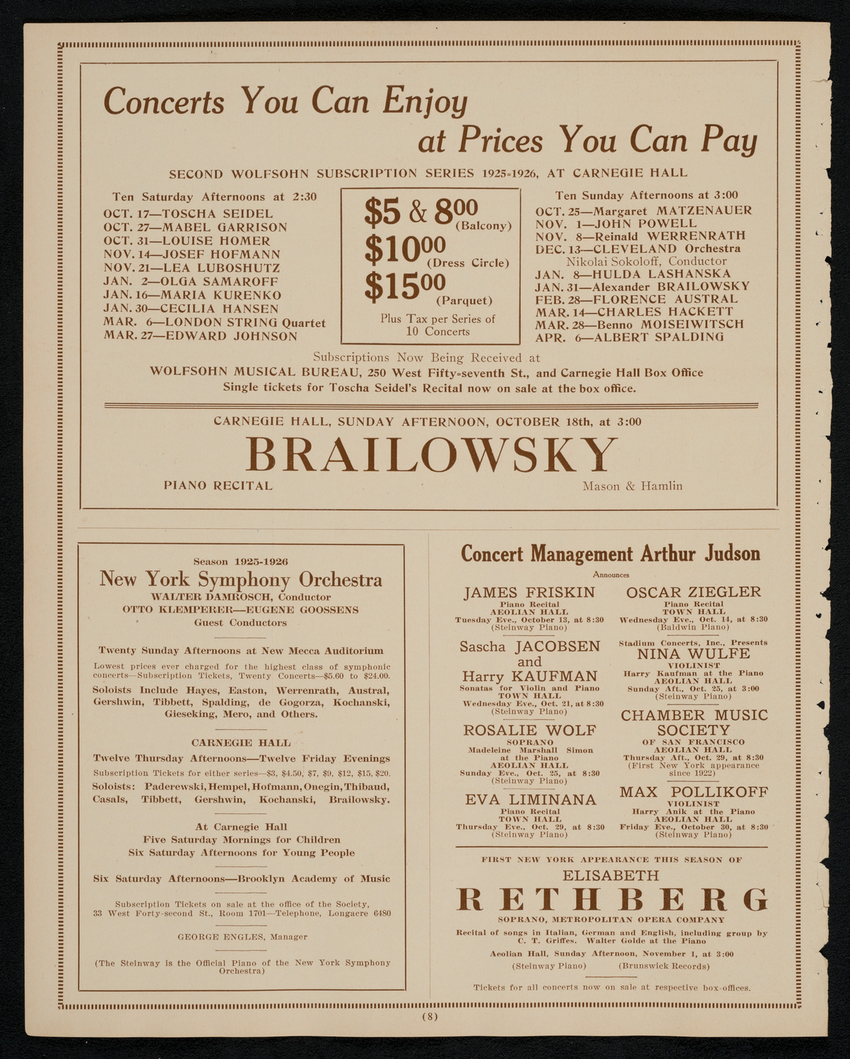 New York Philharmonic, October 15, 1925, program page 8